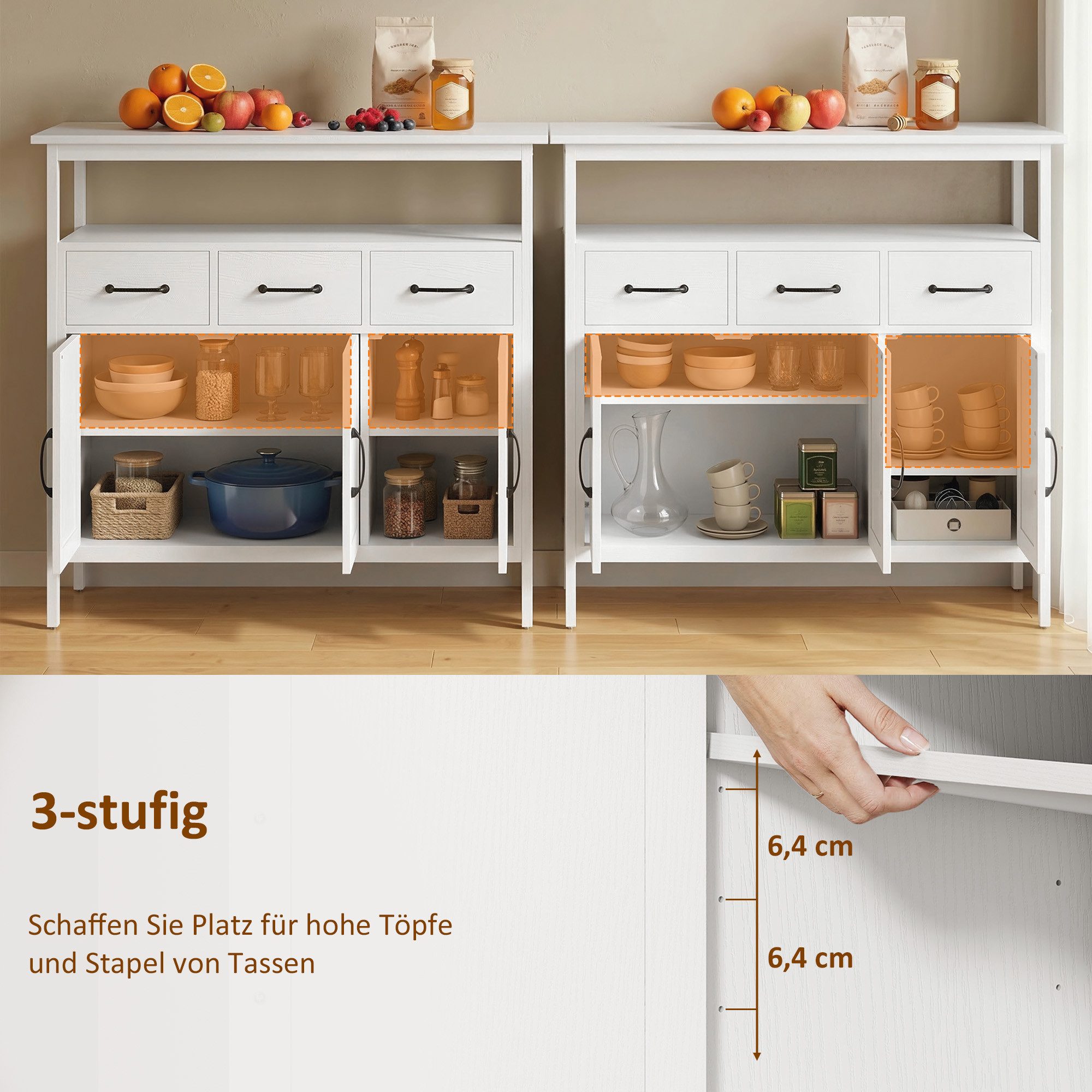 HOMCOM Sideboard Aufbewahrungsschrank mit offenem Regal, 3 Schubladen, Weiß (Kommode, 1 St., Küchenschrank), Großer Stauraum mit verstellbaren Regalen – Bild 5 von 5
