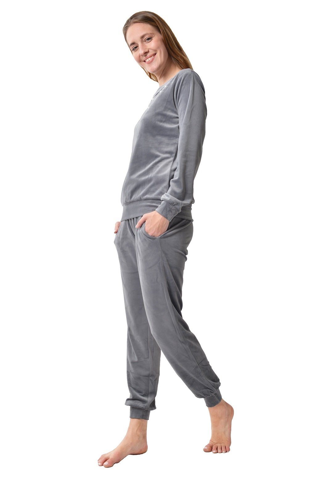 RAIKOU Hausanzug elegant Homewear Freizeitanzug Fitnessanzug (2-Teiliger Jogginganzug Trainingsanzug smartweiche Nicki, 2 tlg) am Ausschnitt mit hellem Stassstein