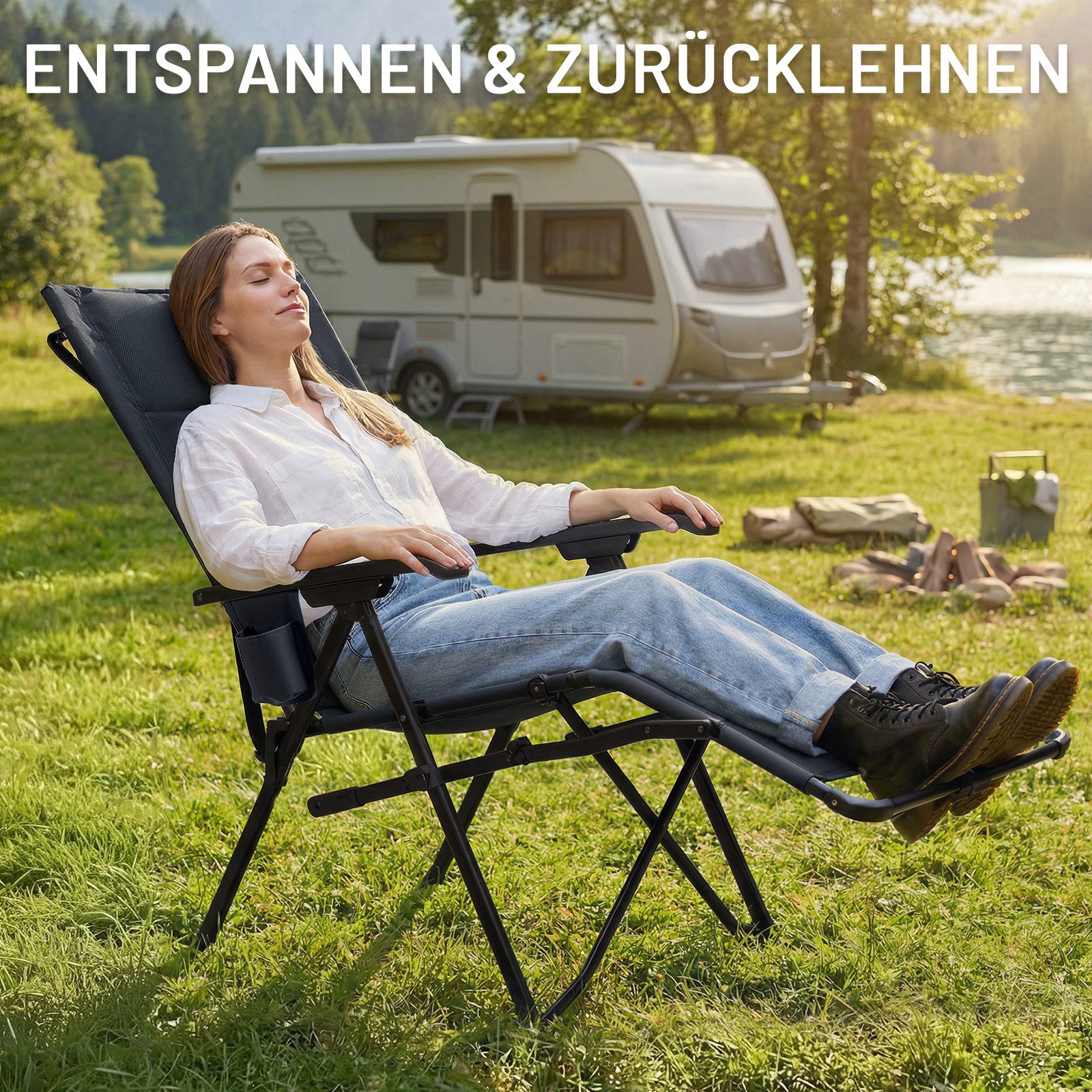 TIMBER RIDGE Campingstuhl mit Fußstütze, klappbar, 4-fach verstellbar, hohe Rückenlehne, 150 kg (1 St)