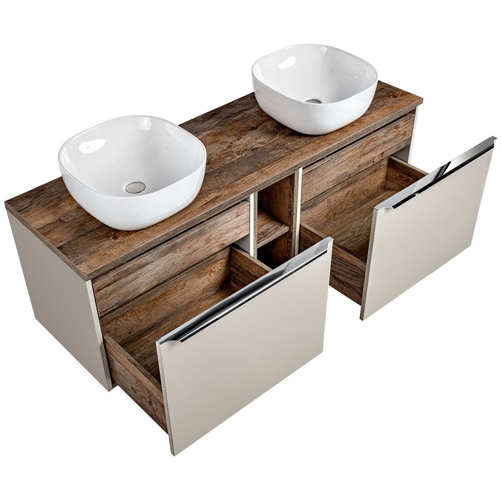 Lomadox Waschtisch PUEBLA-56-TAUPE, Eiche 2 Keramikbecken günstig online kaufen