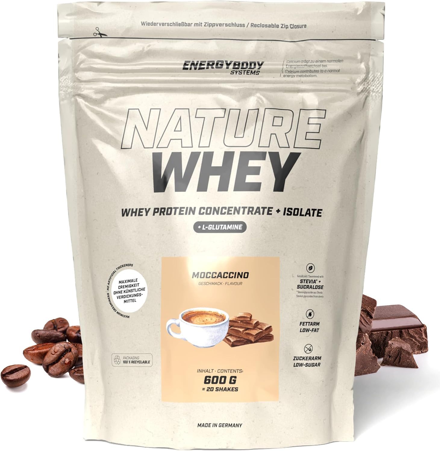 Energybody Systems Nature Whey Protein Eiweißpulver Pulver, Whey Isolate und Konzentrat ohne künstliche Verdickungsmittel.