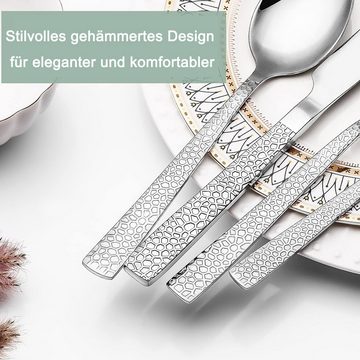 MULISOFT Besteck-Set 48 teilig Besteck Set für 12 Personen, Besteckset mit Gehämmert Griff, 12 Personen, Edelstahl, Essbesteck Set inkl Messer, Gabel, Löffel, Spülmaschinenfest, Rostfrei