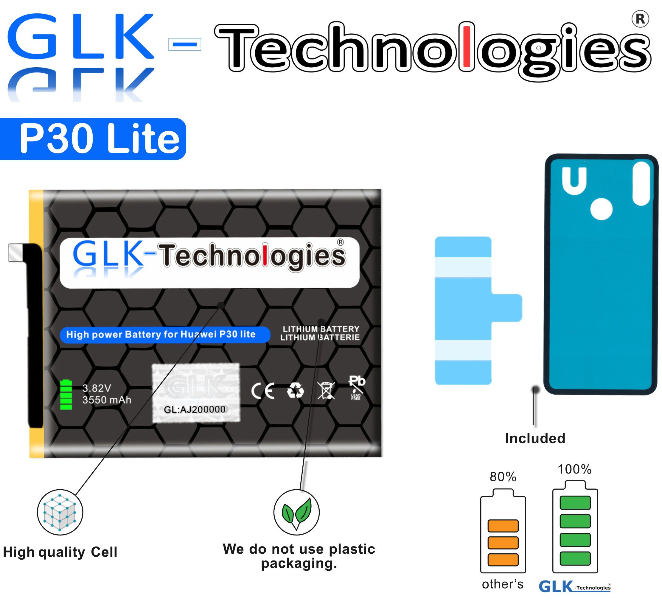 GLK-Technologies High Power Ersatzakku kompatibel mit Huawei P30 lite, GLK-Technologies Battery, accu, 3550mAh Akku, inkl. 2X Klebebandsätze NUE Handy-Akku 3550 mAh (3.8 V)