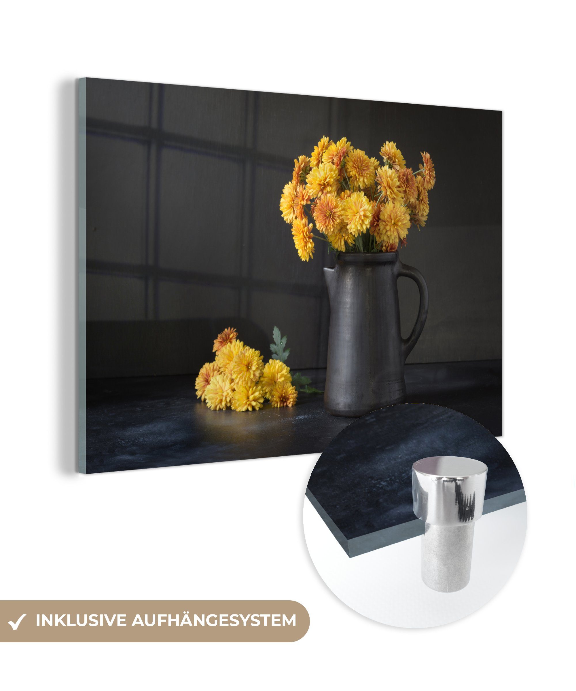 MuchoWow Acrylglasbild Stilleben - Chrysanthemen - Gelb, (1 St), Glasbilder - Bilder auf Glas Wandbild - Foto auf Glas - Wanddekoration