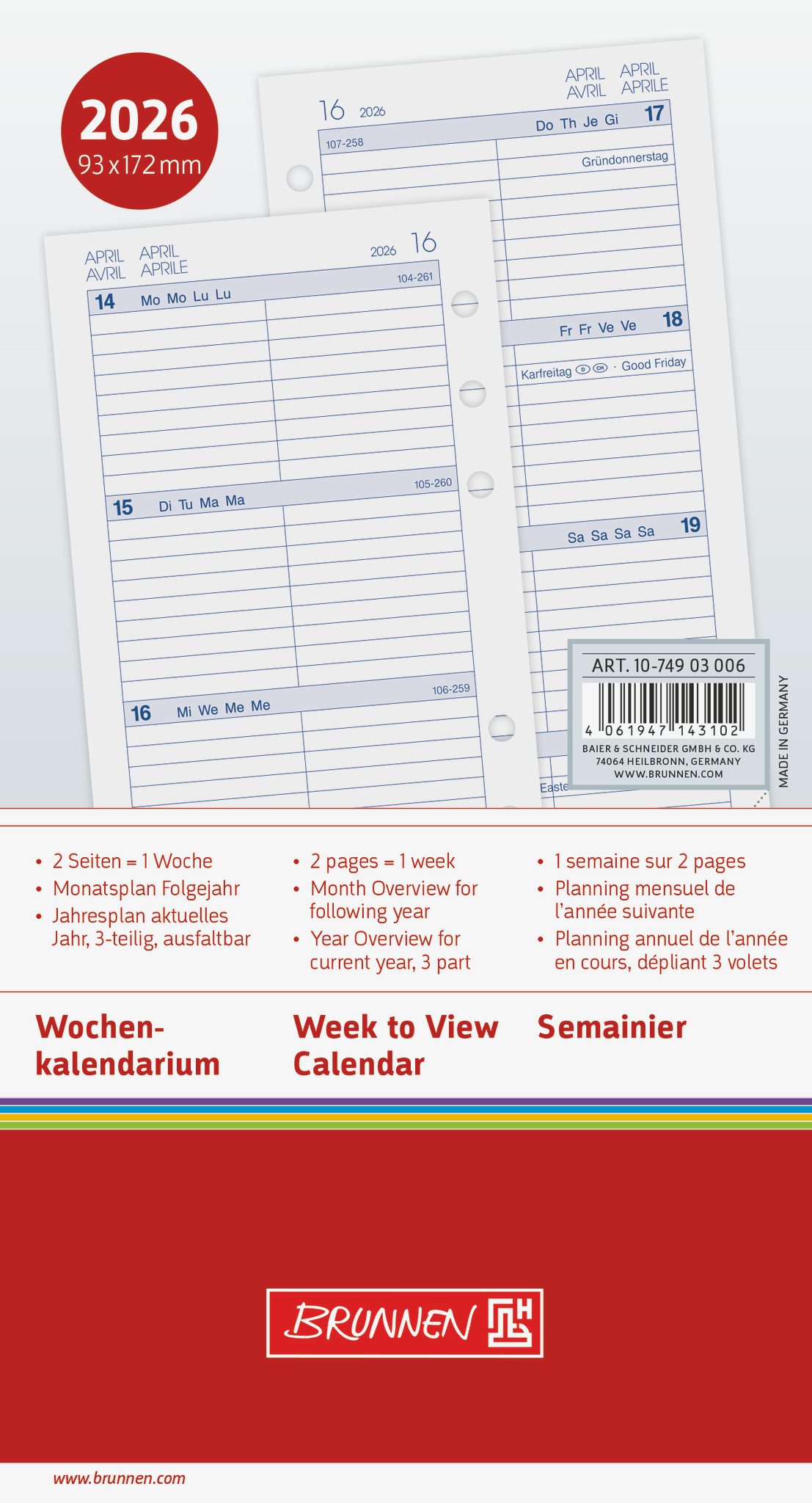 BRUNNEN Terminkalender BRUNNEN 1074903006 Timer filius Einlage 2Seiten/1Woche