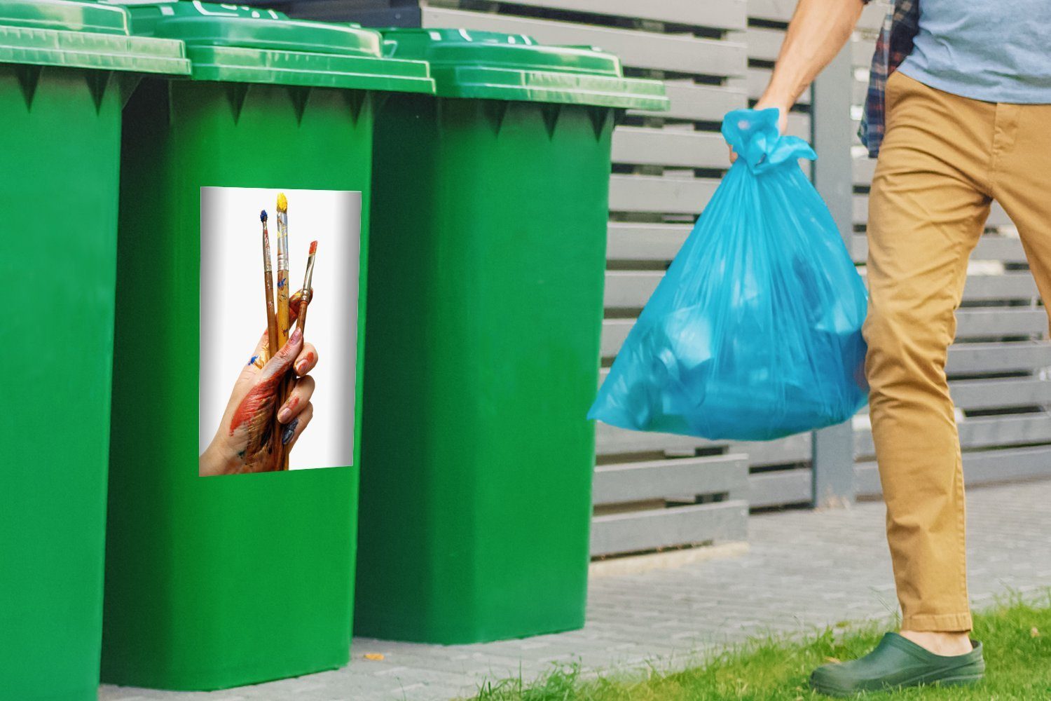 St), Sticker, Wandsticker Hintergrund mit weißem auf Mülleimer-aufkleber, Pinsel MuchoWow Abfalbehälter Container, (1 Hand Mülltonne,