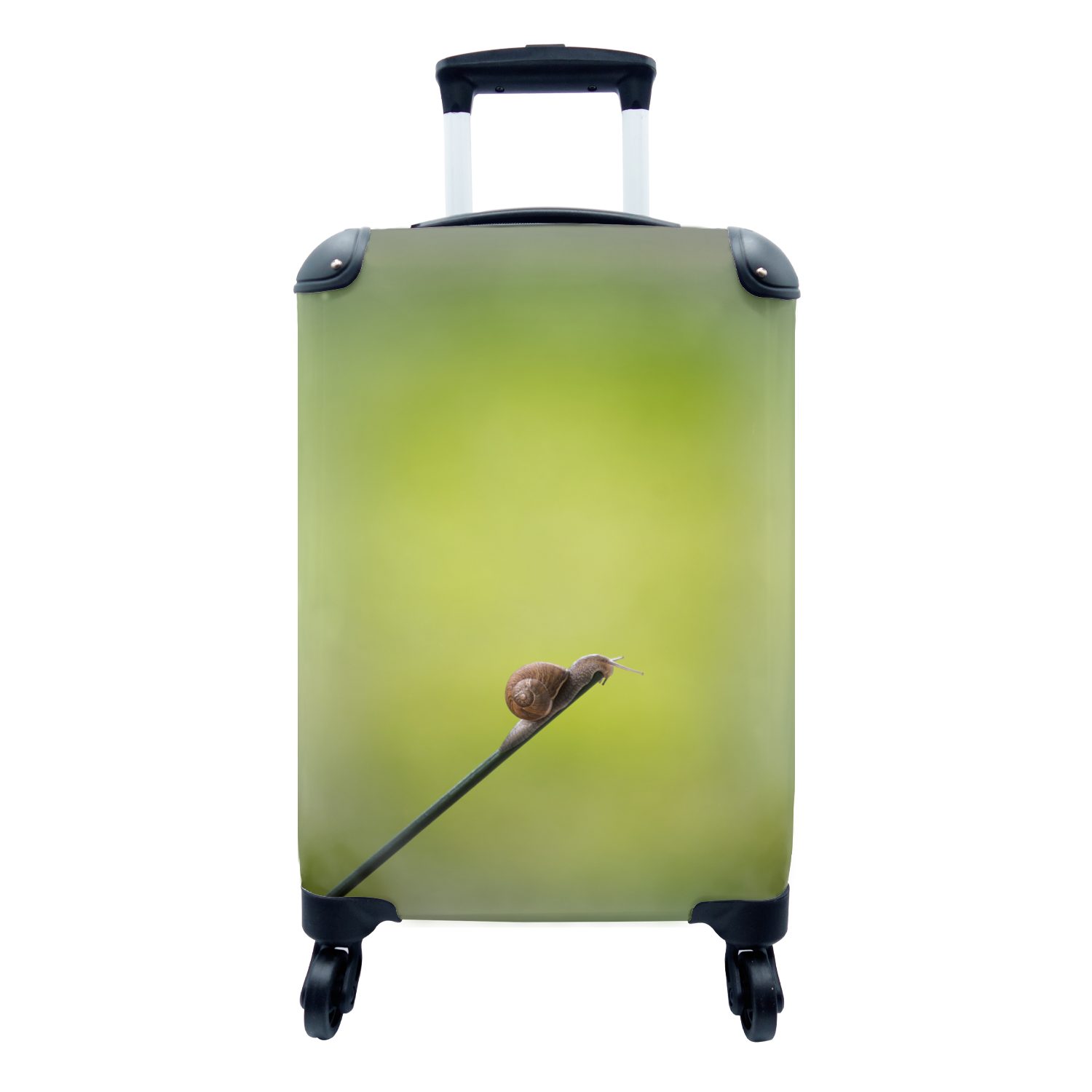 MuchoWow Handgepäckkoffer Schnecke sitzt auf einem dünnen Zweig mit grünem Hintergrund, 4 Rollen, Reisetasche mit rollen, Handgepäck für Ferien, Trolley, Reisekoffer