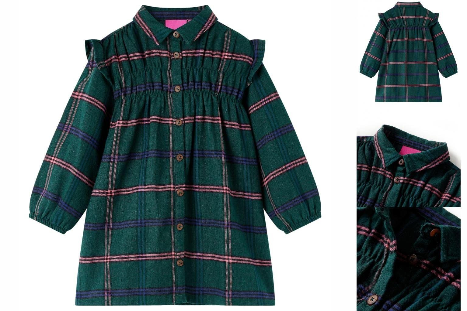 vidaXL A-Linien-Kleid Kinderkleid mit Langen Ärmeln und Rüschen Dunkelgrün 128