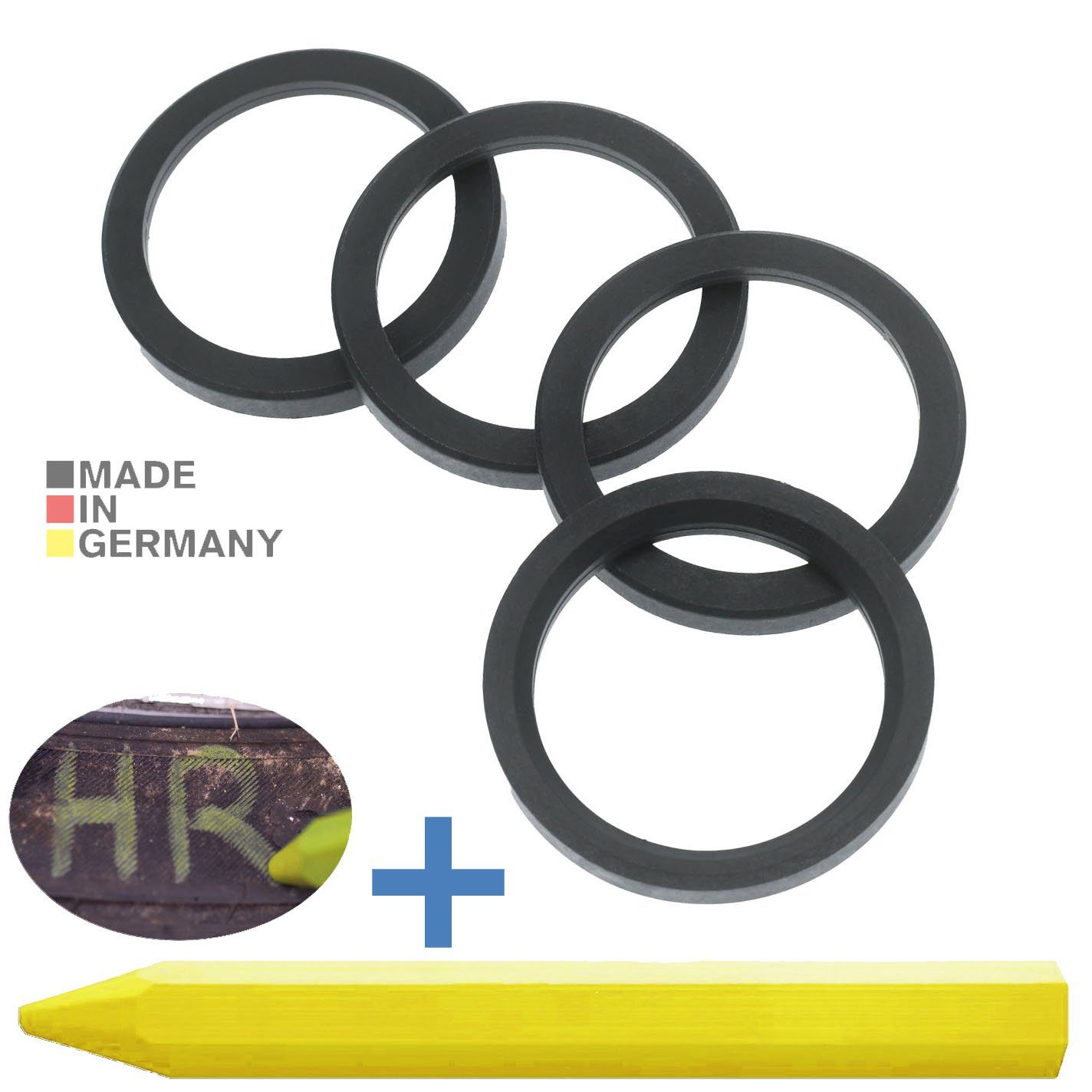 RKC Reifenstift 4X Zentrierringe Dunkelgrau Felgen Ringe + 1x Reifen Kreide Fett Stift, Maße: 72,0 x 56,1 mm