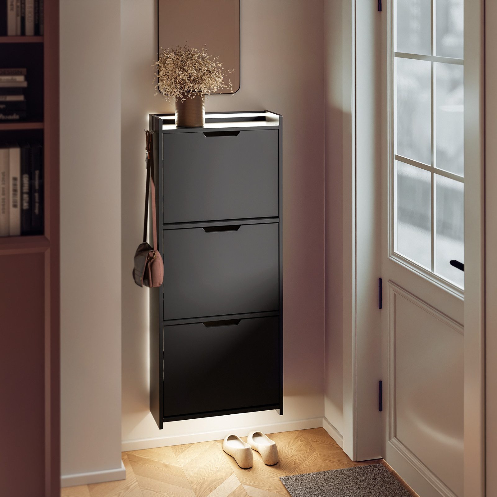SoBuy Schuhschrank FSR151-H-E, Schuhschrank schmal, Schuhregal Schuhkipper Flurschrank Schuhschrank hängend, mit Sensorlicht, 3 Klappen, Schuhaufbewahrung