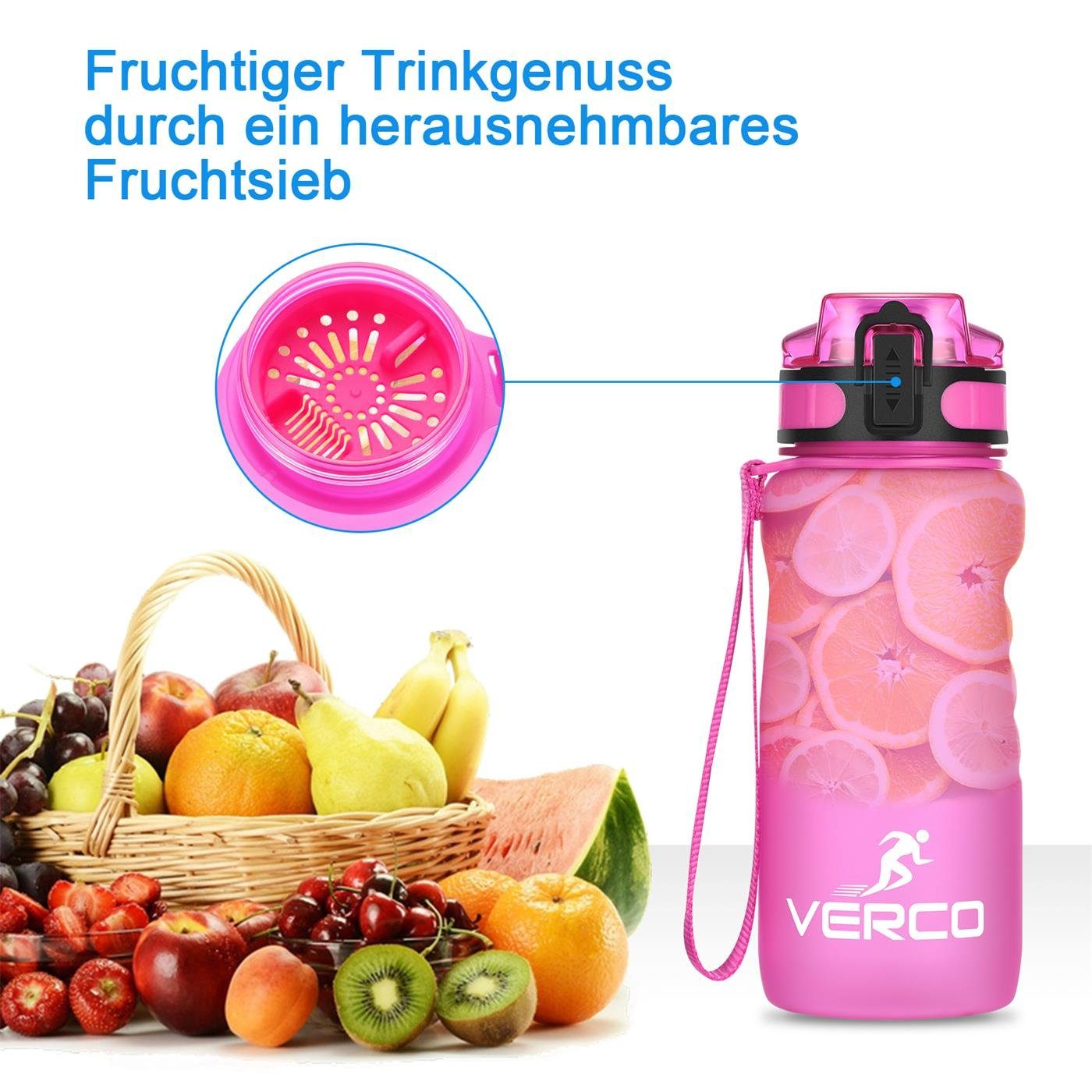 VERCO Trinkflasche 650 ml Sport wiederverwendbar Tritan Flasche, Fruchtsieb Wasserflasche Pink BPA 0,65 nachhaltig Liter mit Frei