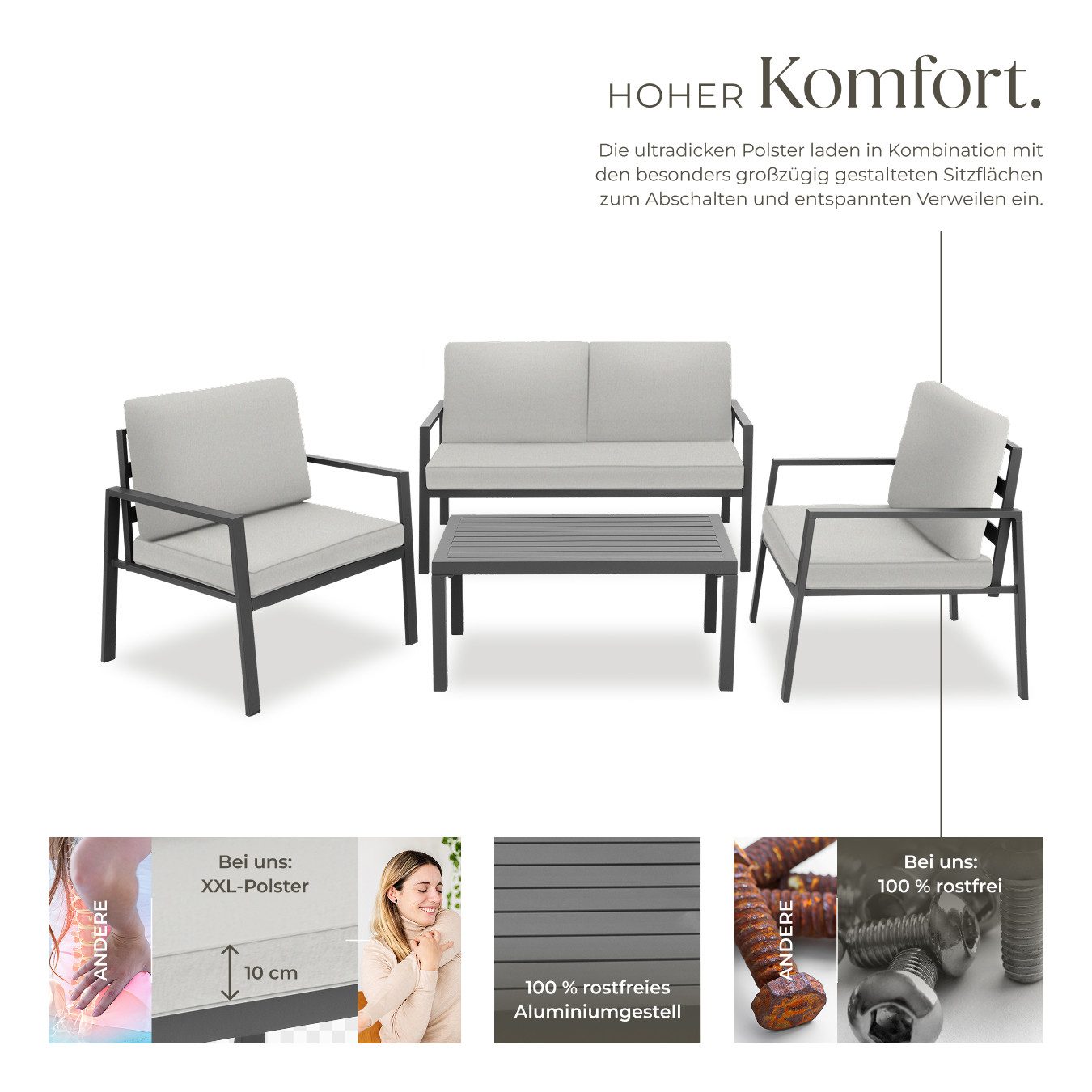 tectake Essgruppe Aluminium Sitzgruppe, (Set., 4-tlg), Extradicke und wasserabweisende Kissen
