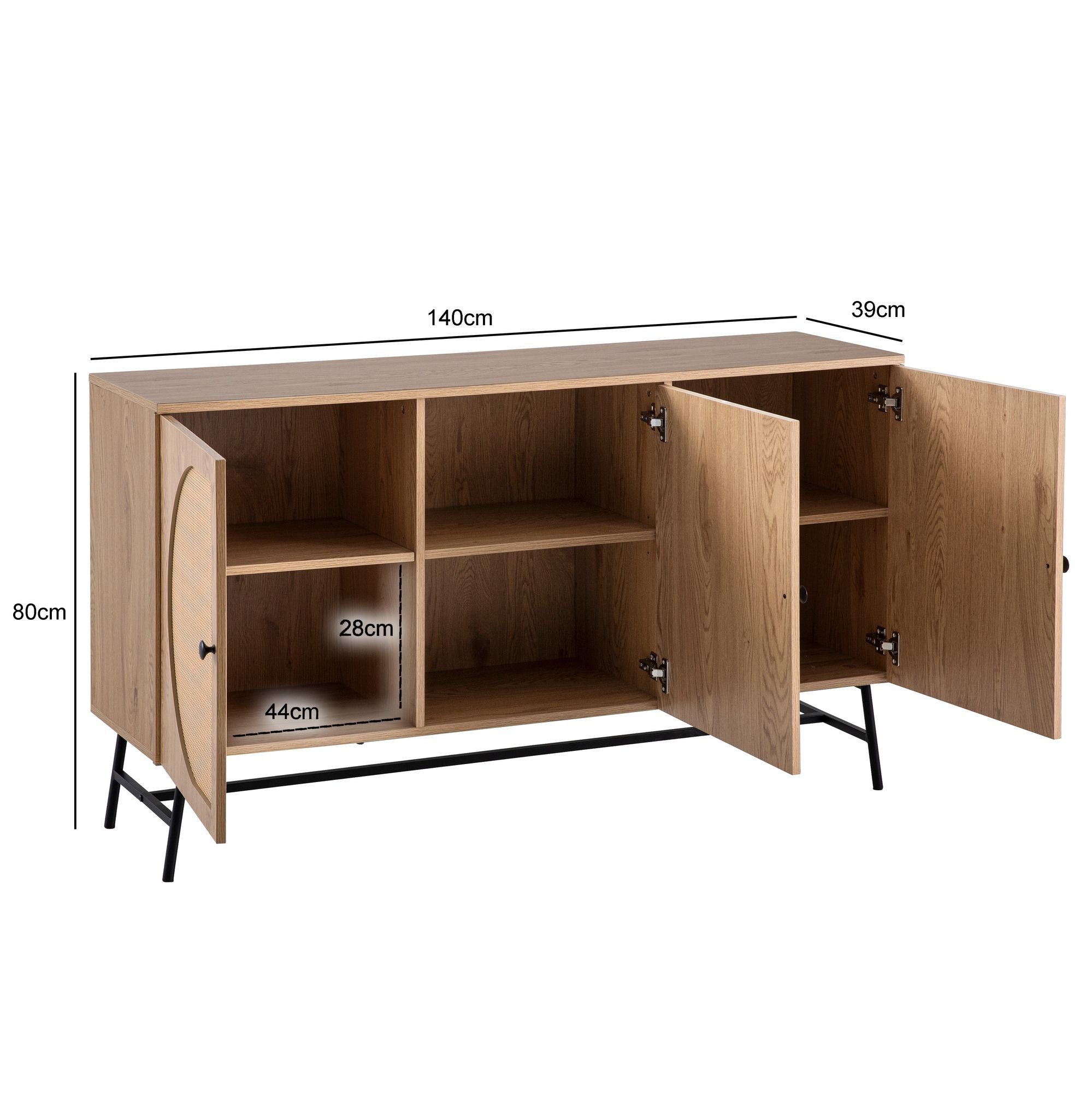 FINEBUY Sideboard FB104665 140cm MDF Eiche Dekor mit 3 Türen in Ratten Wiener Geflecht (Kommode Türen Standschrank, Hoher Kommodenschrank), 140x80x39 cm Anrichte, Eiche-Dekor Rattangeflecht