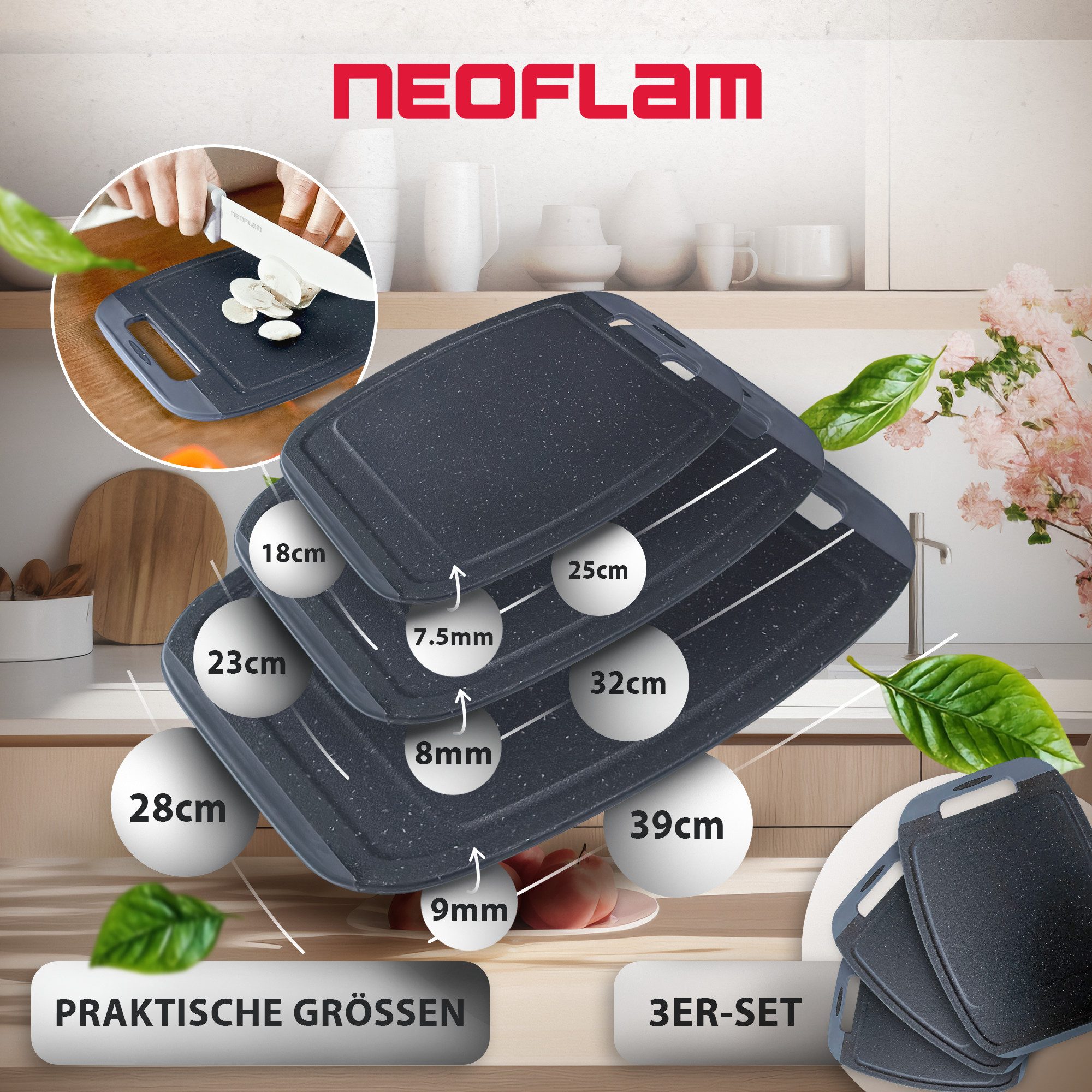 NEOFLAM® Schneidebrett BiJu Antibakterielles Schneidebrettset, 3tlg. - Granitschwarz/Grau, Kunststoff (PP), (3-St) – Bild 2 von 5