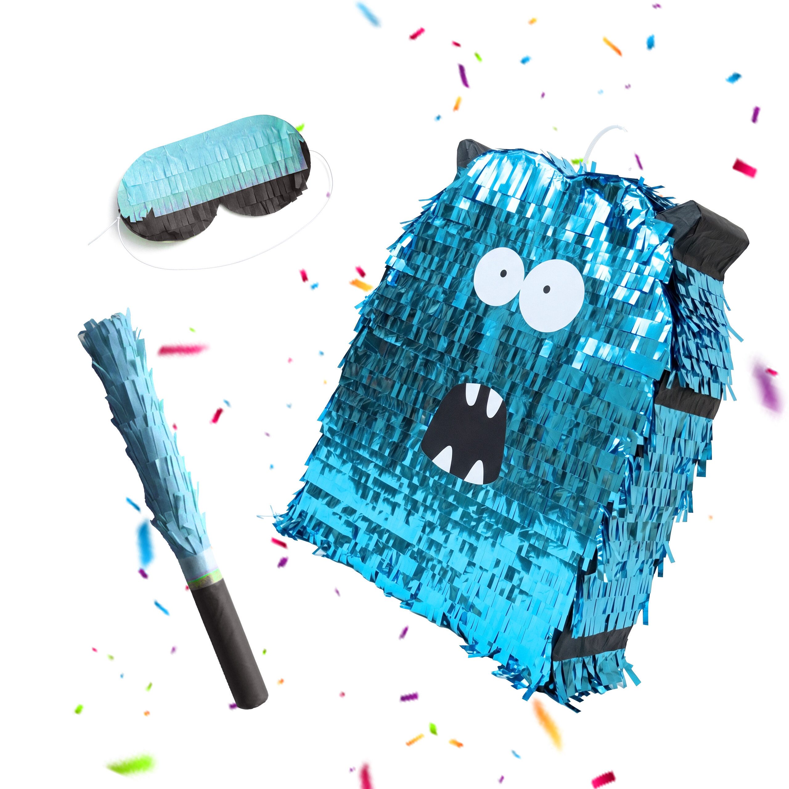relaxdays Pinata Monster mit Zubehör, Blau glänzend