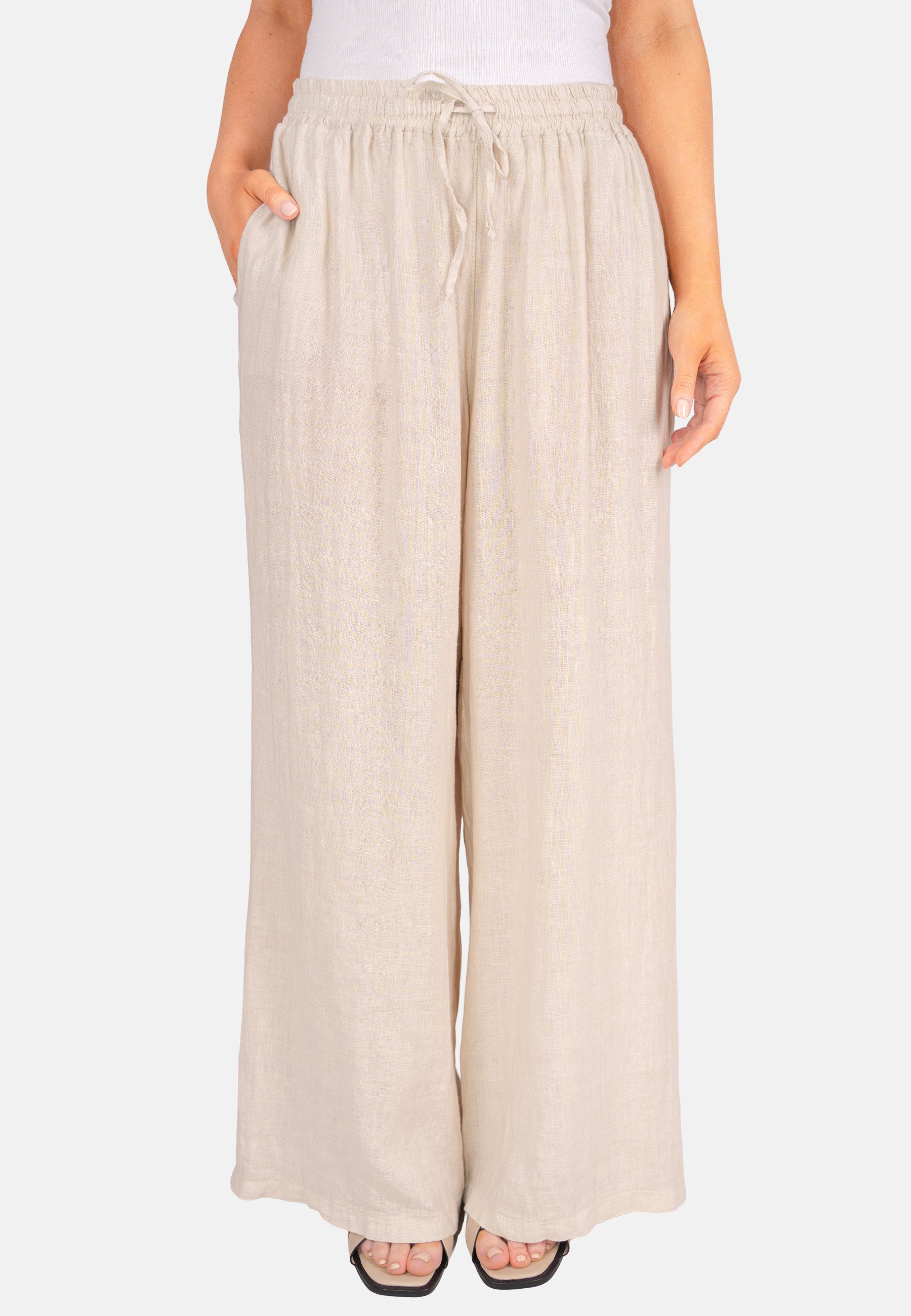 Seasons of April Leinenhose PERLA LINO (1-tlg) Leinenhose Damen Weit Perla Lang Kordelzug Elastischer Bund