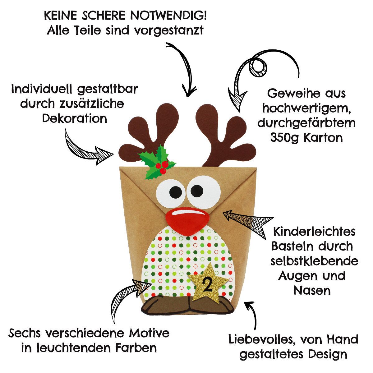PAPIERDRACHEN DIY-Adventskalender 24 Papiertüten - Motiv Rentiere (24-tlg), 22x14x5cm