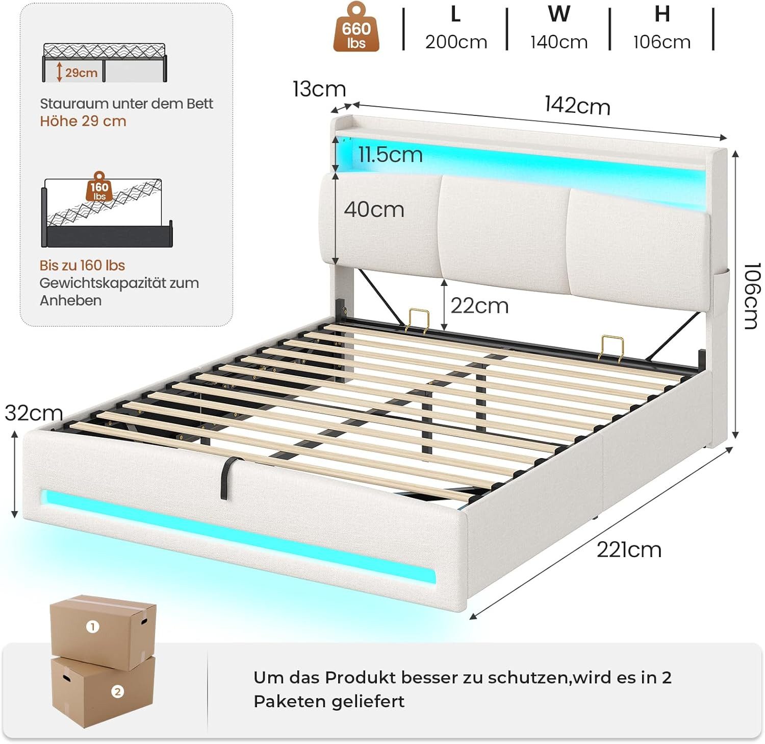 MSMASK Polsterbett mit Steckdosen und LED-Beleuchtung, Doppelbett mit Stauraum Kopfteil (1-tlg., Ohne Matratze), Hydraulik-Stauraumbett, Jugendbett 140x200cm
