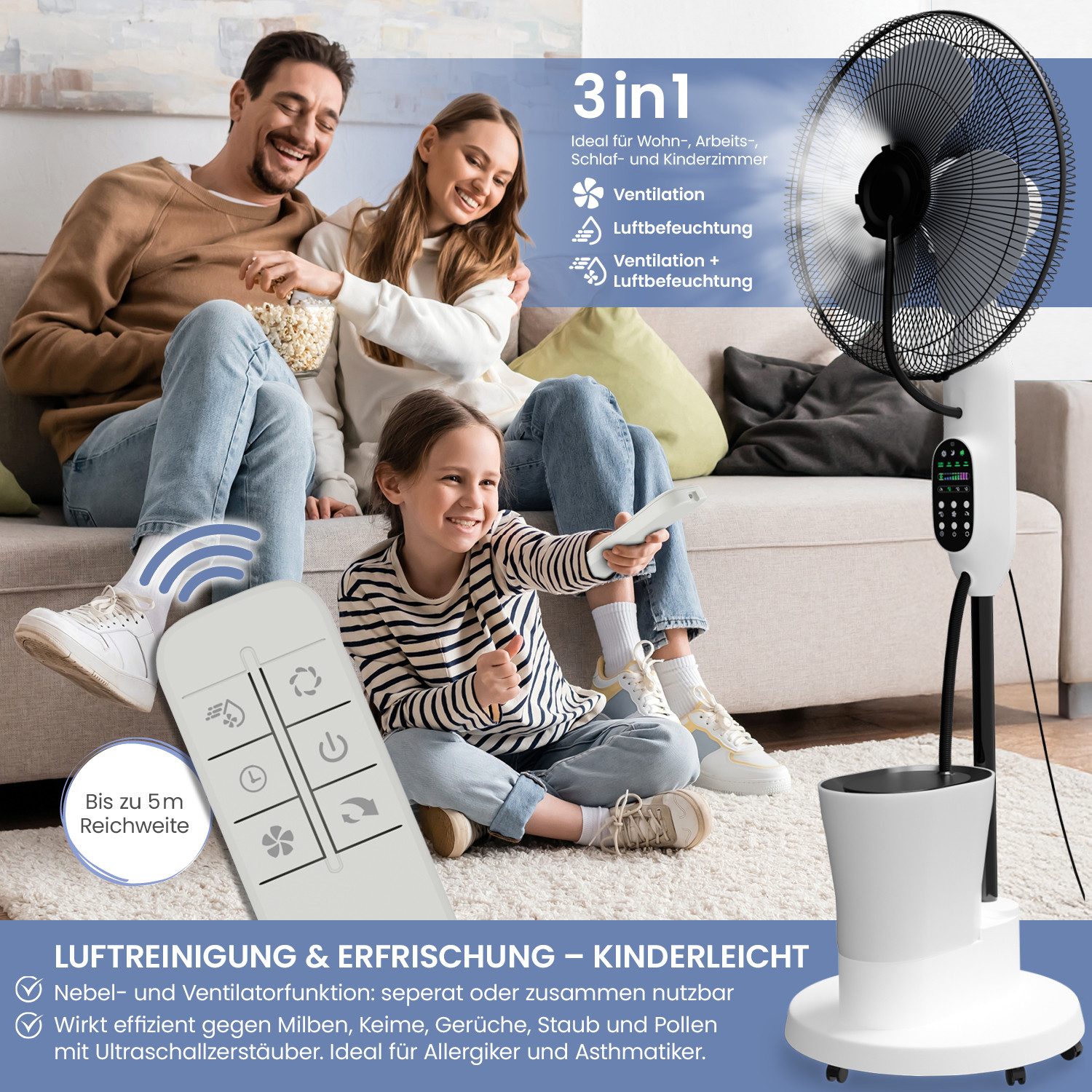 aktimeo Standventilator mit Luftbefeuchtung, Timerfunktion, Bodenrollen & Fernbedienung, Wassertank, Schwenk- und Neigefunktion, Nebel- und Ventilatorfunktion