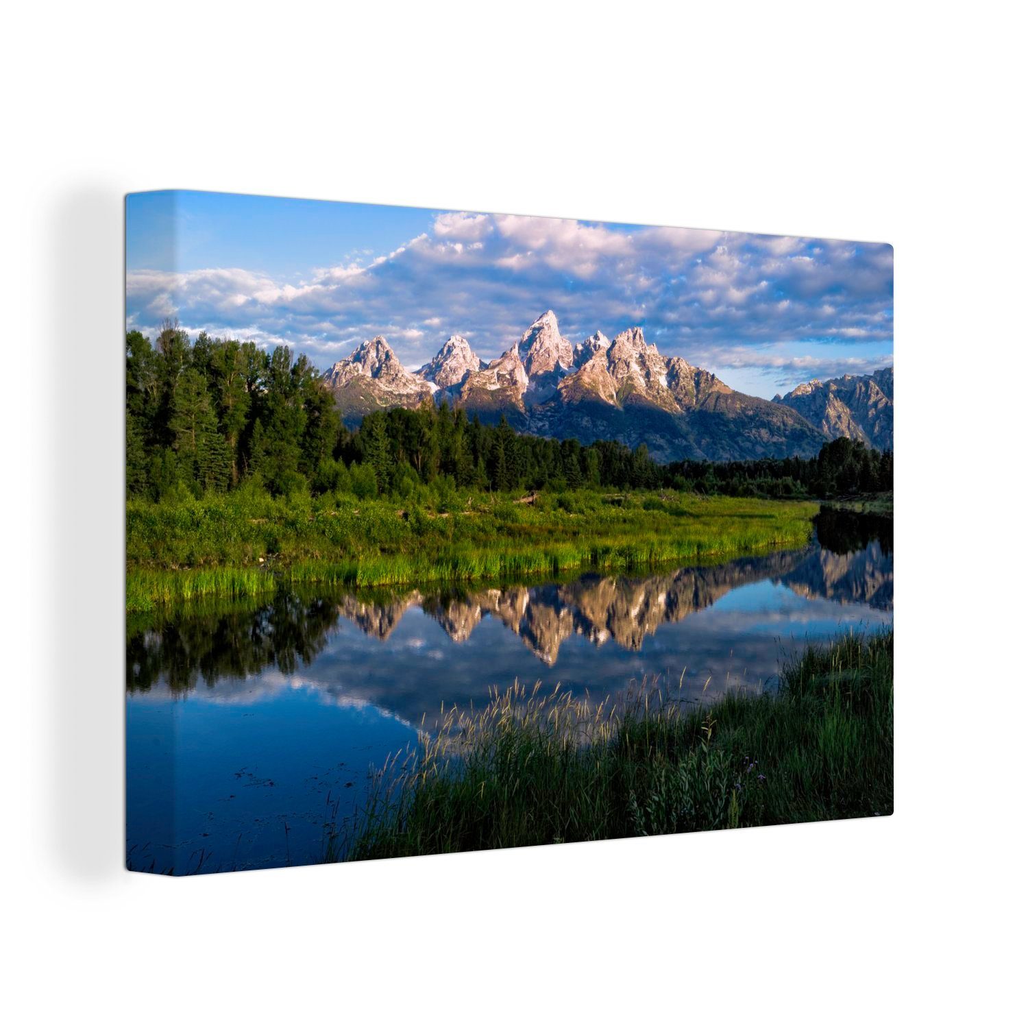 OneMillionCanvasses® Leinwandbild Die schneebedeckten Berge und grünen Bäume des Grand Teton National, (1 St), Wandbild Leinwandbilder, Aufhängefertig, Wanddeko, 30x20 cm