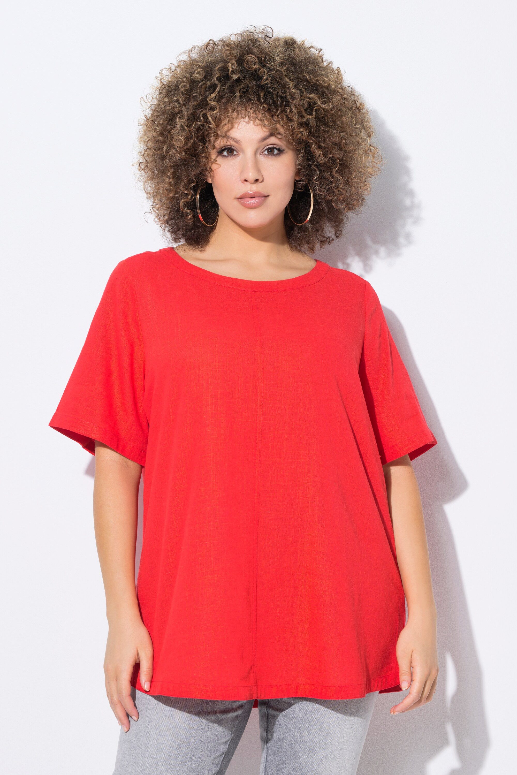 Ulla Popken Longbluse Bluse Leinenmix A-Linie Rundhals Halbarm