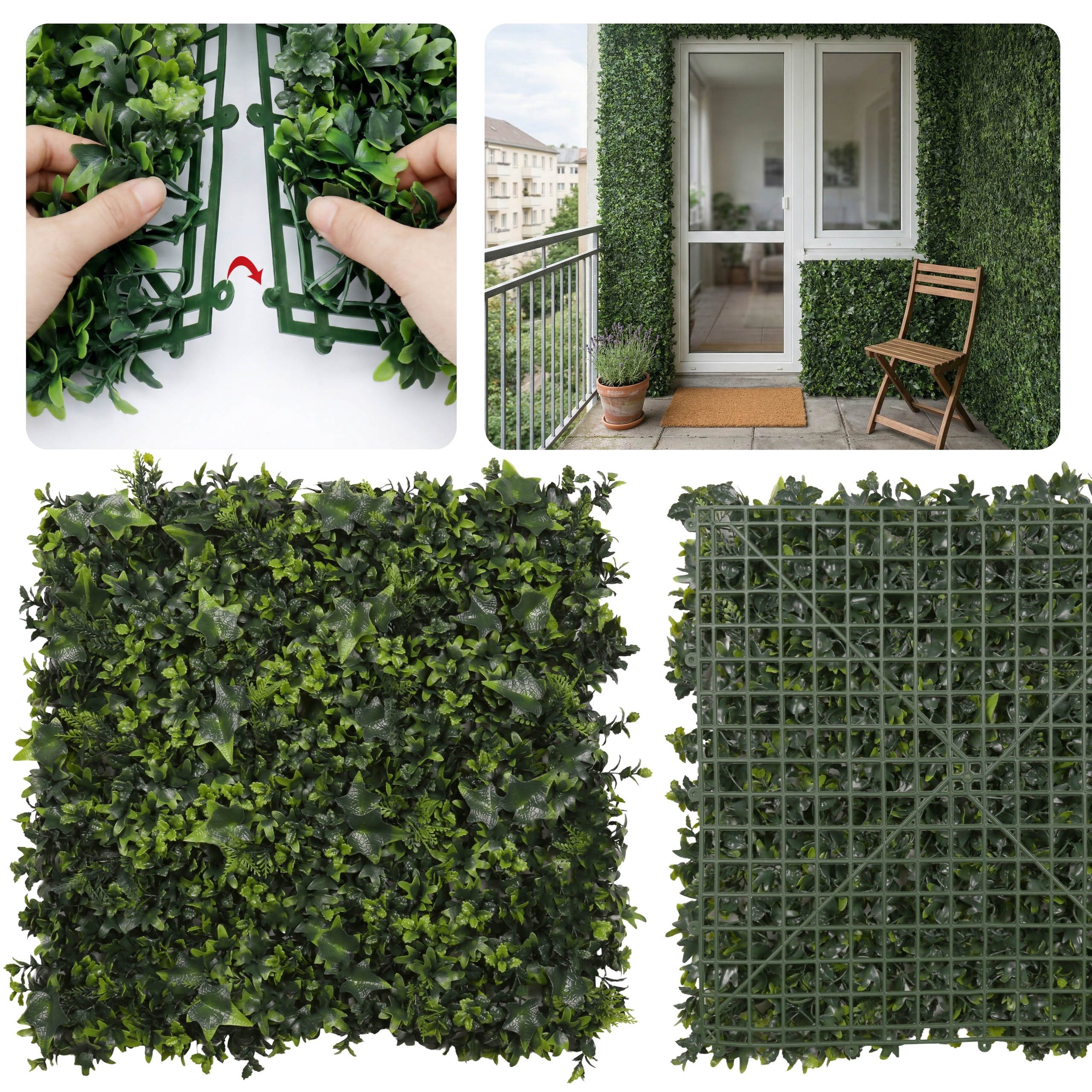 Kunstpflanze Efeu Wand, dichte grüne Pflanzenwand für Balkon und Garten 50×50, Bellushortus