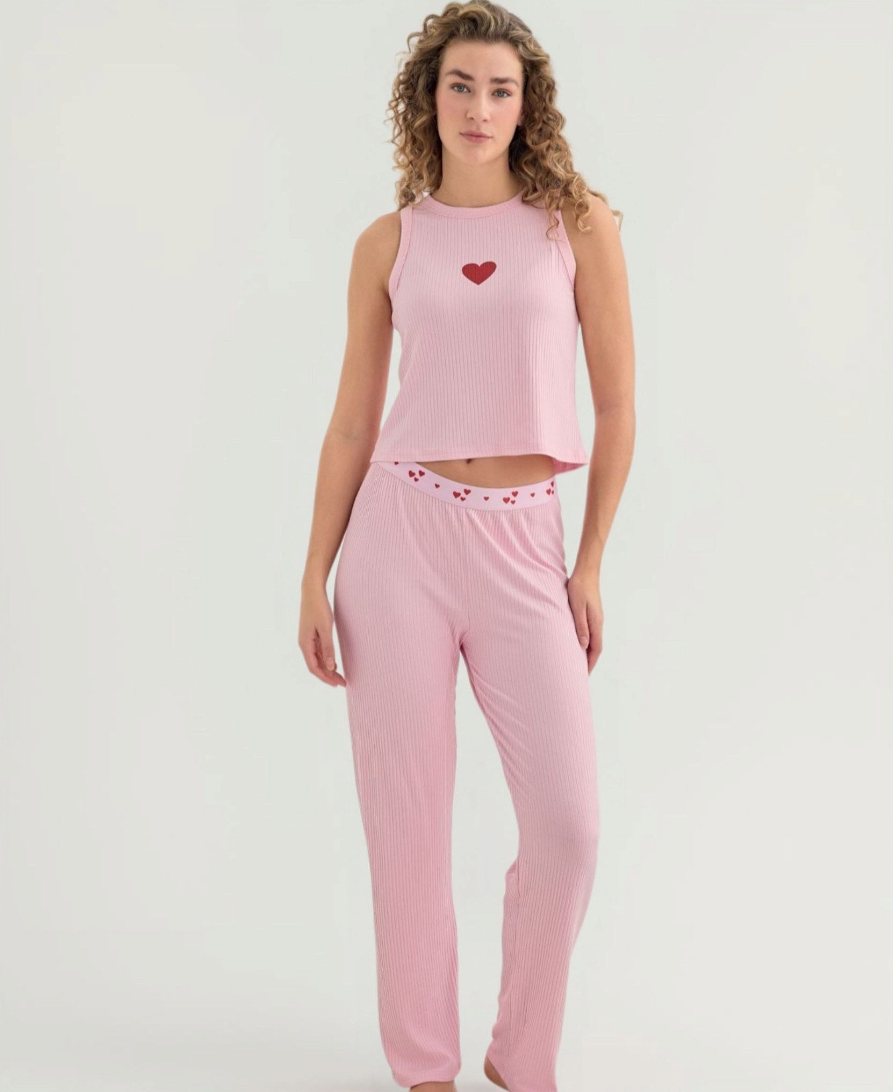 fashionshowcase Pyjama Damen Hausanzug 2-teiliges Schlafanzug Set mit elastischem Bund (2-teilig (Top + Hose) Luftiger Schnitt, elastischer Bund mit Muster, weicher Rippenjersey