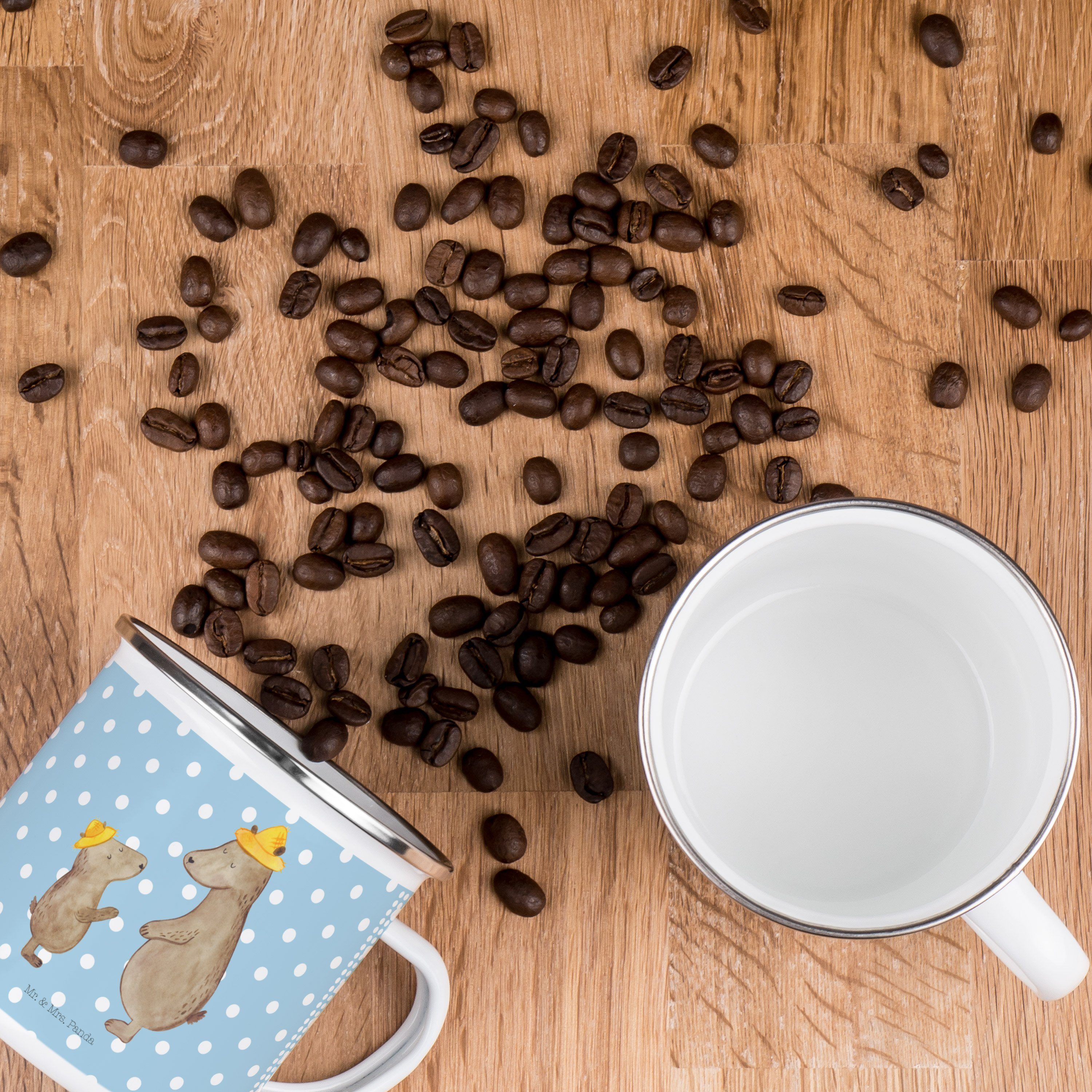 Mr. & Mrs. Panda Becher Bären mit Hut, Teetasse, Blau Pastell, Teebecher, Emaille Tasse, Bär, 1-tlg., Emaille
