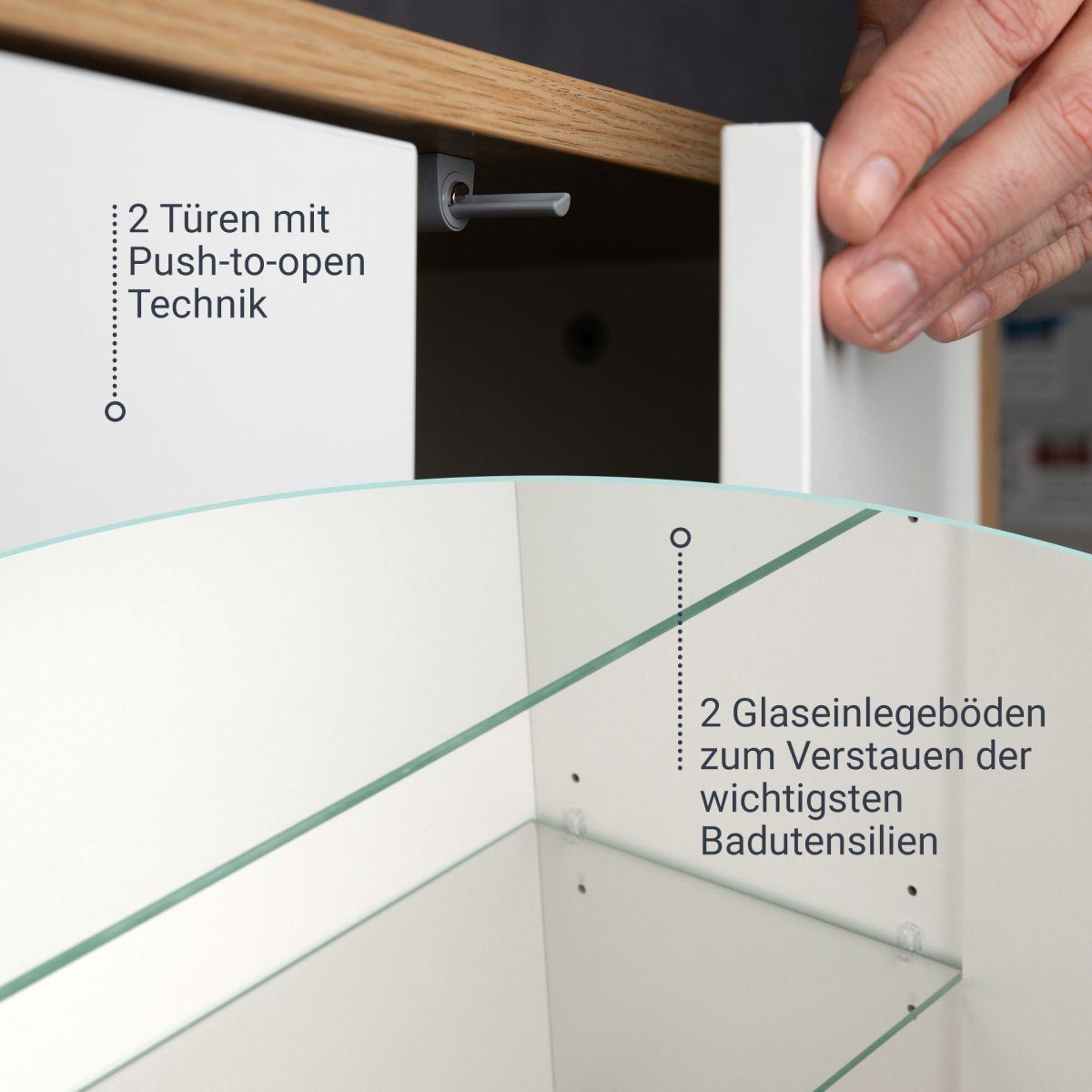 FACKELMANN Badmöbel-Set Finn Doppel Midischrank 60 cm mit Füßen, hell braun / weiß