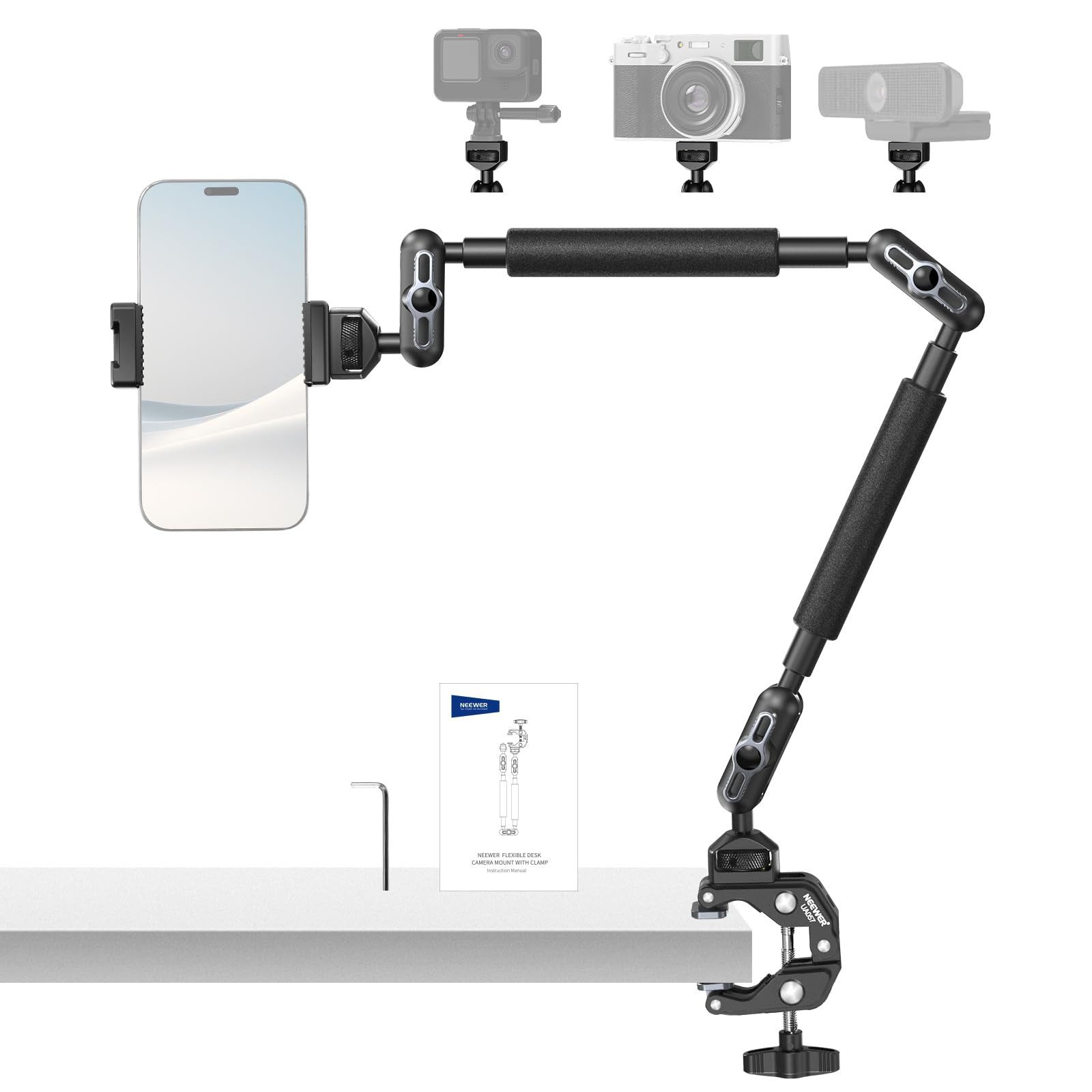 Neewer Kamerahalterung UA057 55cm Magic Arm mit Klemme, Überkopf Tischkamera Telefonhalterung, (bis 3,2 Zoll, Packung, mit Doppel Kugelkopf, 1/4" 3/8" Gewinde, für Kamera Smartphone)