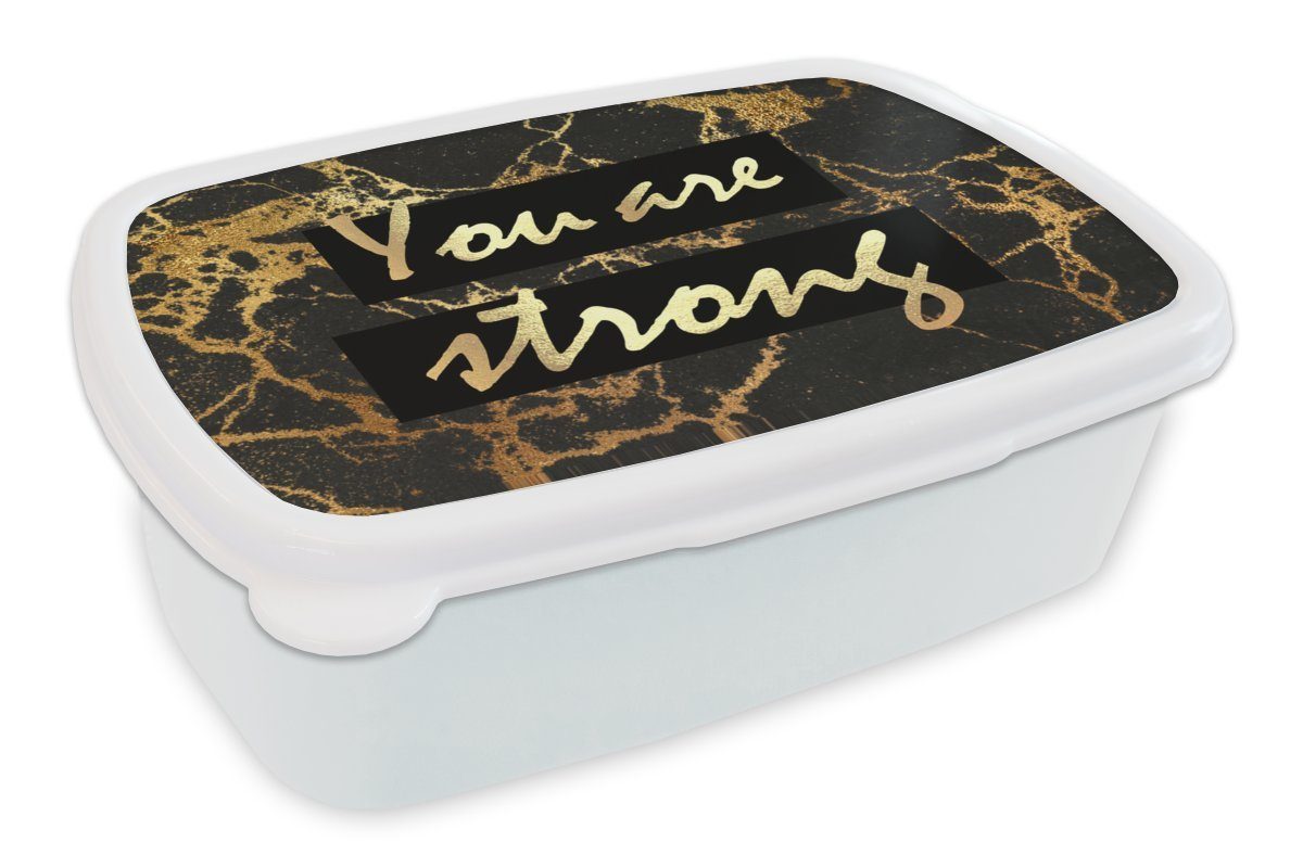MuchoWow Lunchbox Zitat - Macht - Marmor - Gold, Kunststoff, (2-tlg), Brotbox für Kinder und Erwachsene, Brotdose, für Jungs und Mädchen weiß
