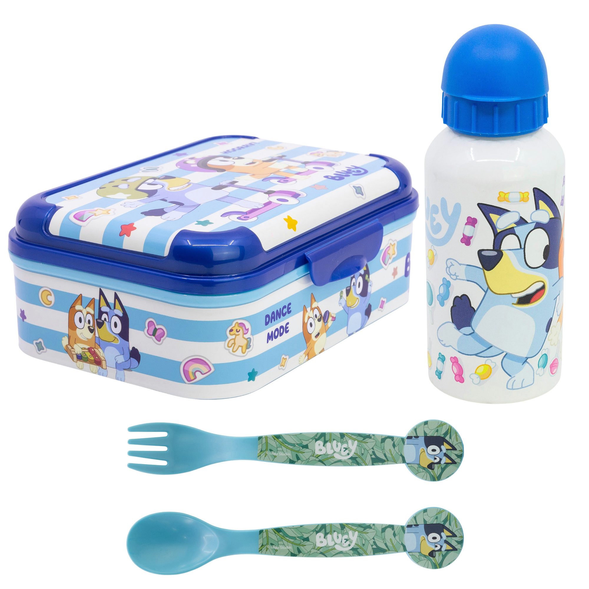 Bluey Lunchbox Bluey Bingo Kinder 4 teiliges Set Brotdose Alu Trinkflasche Besteck, (4-tlg., Spar-Set), 400 ml