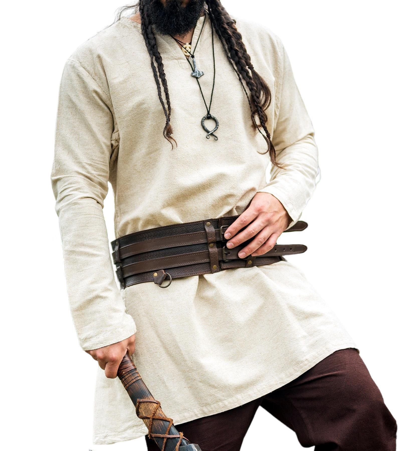 Leonardo Carbone Wikinger-Kostüm Langarm-Tunika "Ragnar" aus Leinen, seitliche Einsätze, V-Ausschnitt