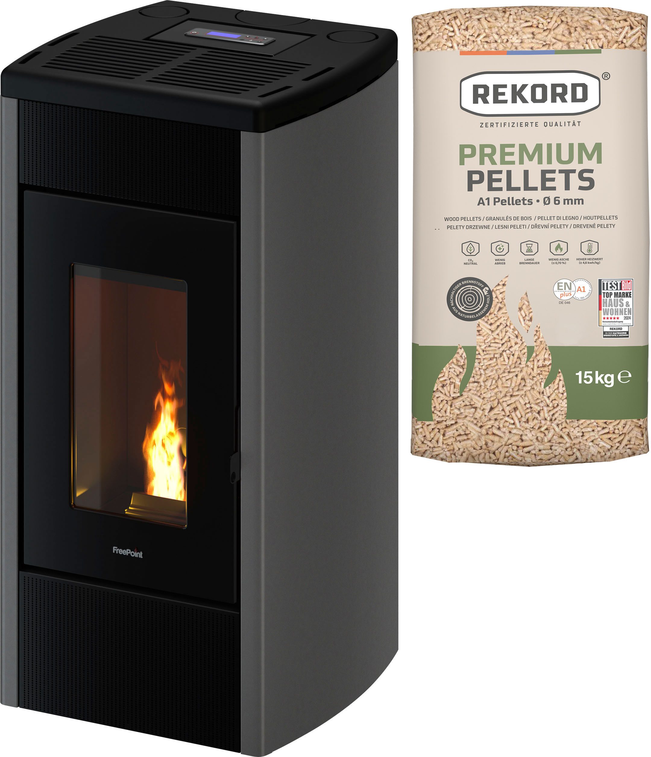 Freepoint Pelletofen Duke 14 raumluftunabhängig, 15,5 kW, Zweifach kanalisierbare Warmluft, WIFI inklusive