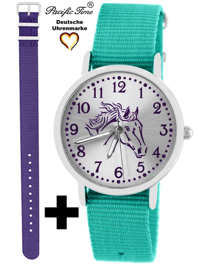 Pacific Time Quarzuhr Set Kinder Armbanduhr Pferd violett Wechselarmband, Mix und Match Design - Gratis Versand violett und türkis