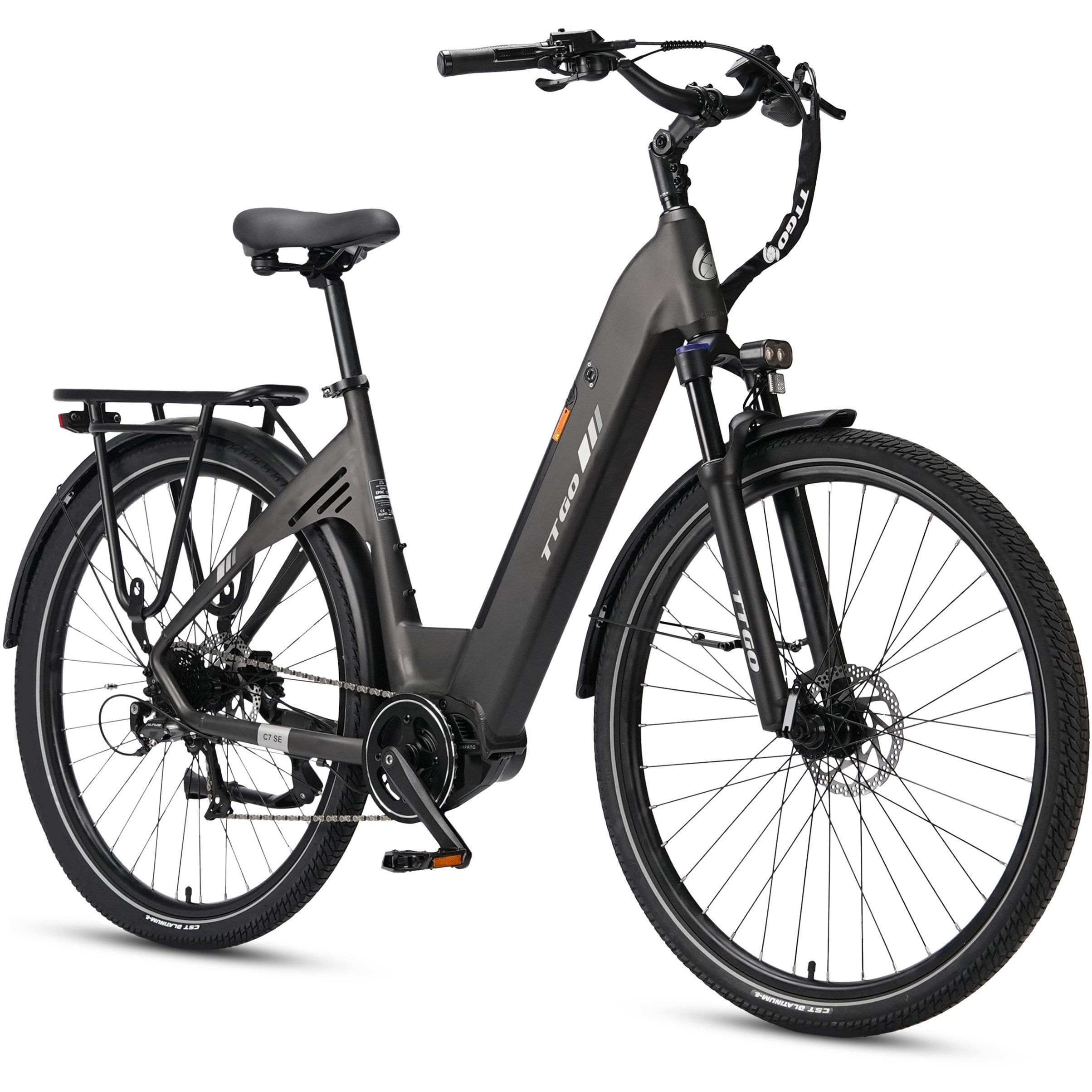 TTGO E-Bike Cityrad 28 Zoll, 75Nm Mittelmotor, Lockout-Federgabel, C7 SE, Pedelec, 9 Gang Shimano, Kettenschaltung, Mittelmotor, 648 Wh, 140km Reichweite, Drehmomentsensor, hydraulische Bremsen