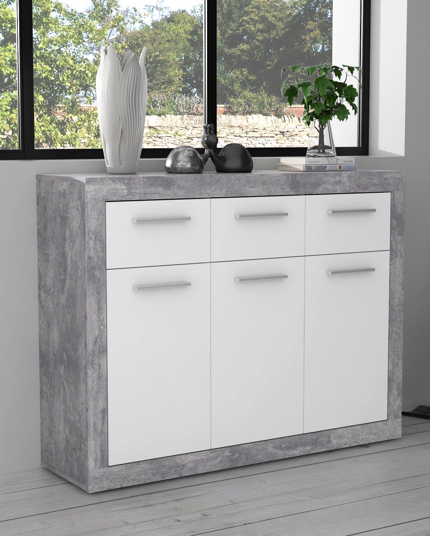 Newroom Kommode Betonoptik Lichtgrau 118 cm, Kommode Betonoptik Lichtgrau Modern Sideboard Highboard Wohnzimmer