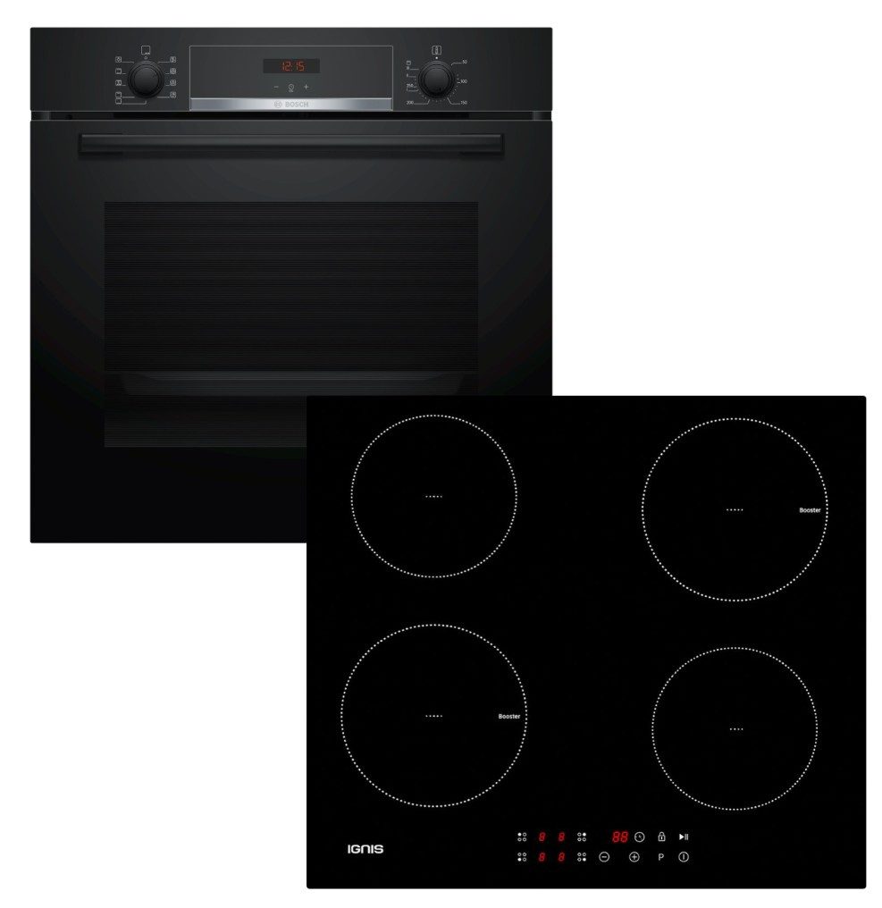 BOSCH Backofen-Set Backofen Hydrolyse Teleskopauszug+Bauknecht Induktionskochfeld Booster, mit 1-fach Teilauszug, Hydrolyse EcoClean Direct