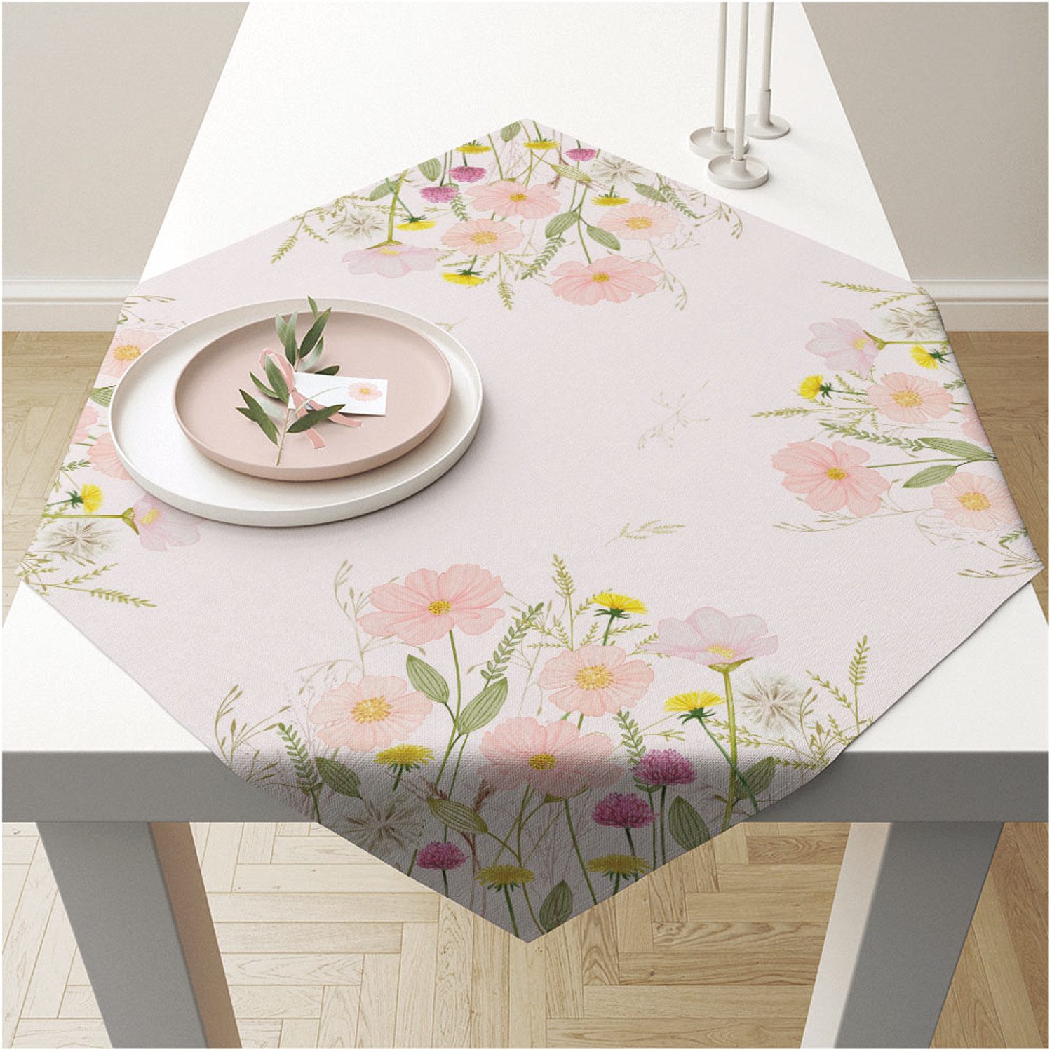 Ambiente® Tischläufer Pastel flowers (1-tlg, 1-teilig), quadratische Tischdecke Mitteldecke ca.90x90cm Baumwolle