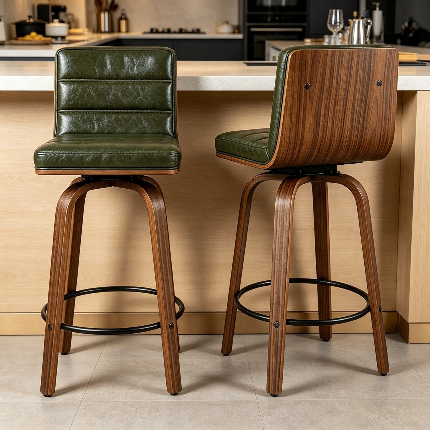 ANYSUN Barhocker 2er Set Barstühle mit Rückenlehne,360° Drehbare Hocker mit Fußstütze (Lederpolsterung & geschwungenen Holzbeinen 360° Drehstuhl, 2er Set), Barh – Bild 2 von 5
