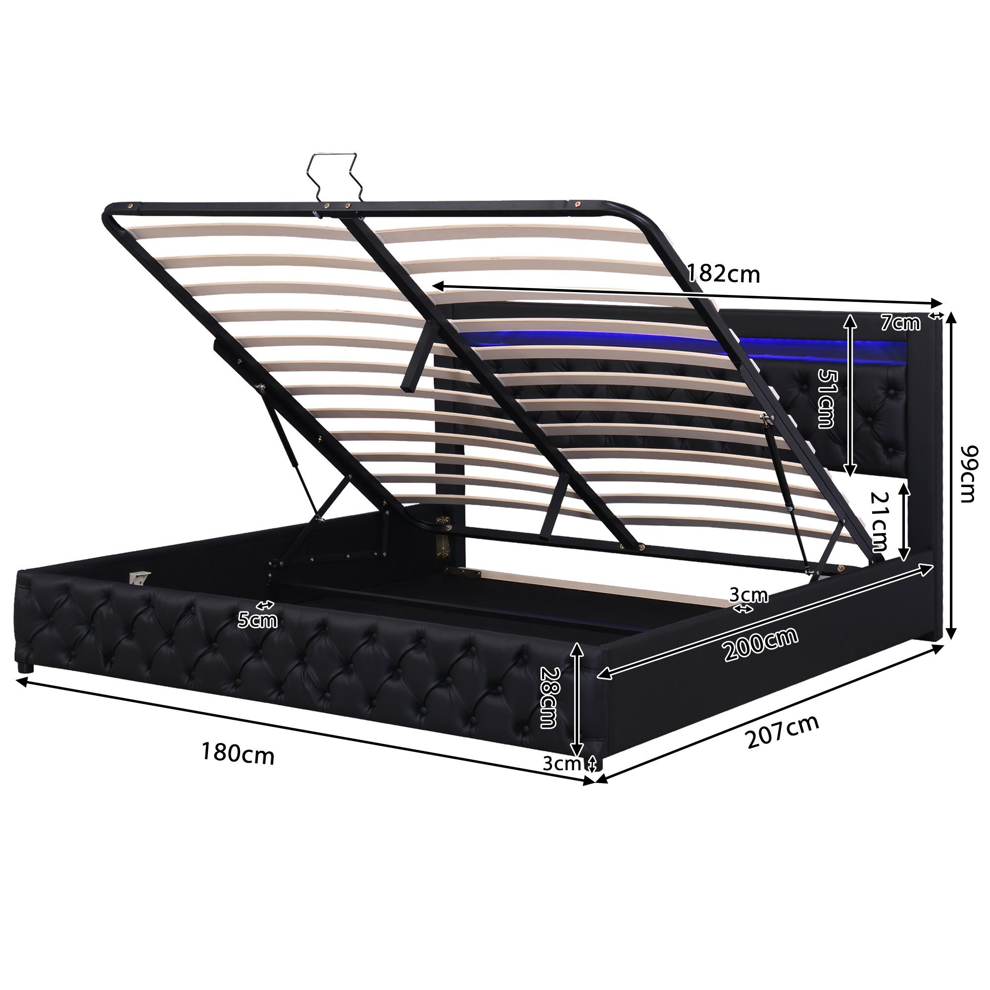 Boxspringbett (Hydraulisches Bett 180x200cm mit Bettkasten), Polsterbett mit LED-Beleuchtung, Kunstleder, weiches Kopfteil