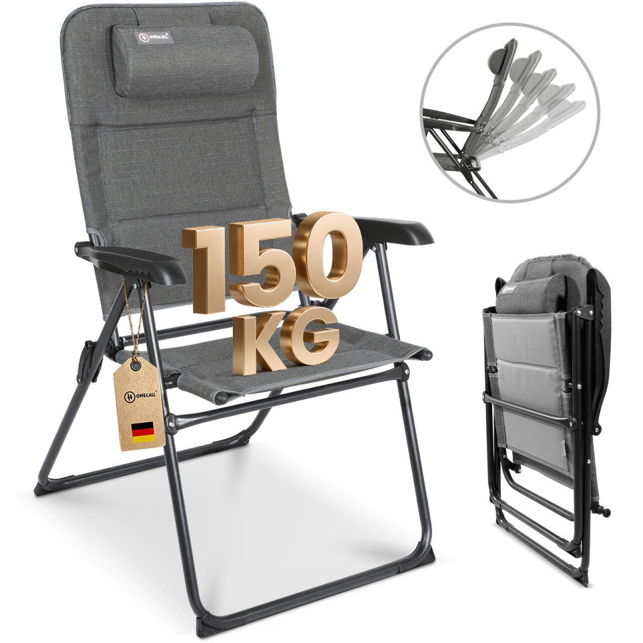 HOMECALL Campingstuhl Gartenstuhl Anglerstuhl Faltsessel Klappstuhl für Wohnwagen Outdoors (UV++ Olefin-Stoff, 1 St), 5 fach Verstellbarer Rückenlehne, Hochlehner, Gepolsterter, bis 150kg