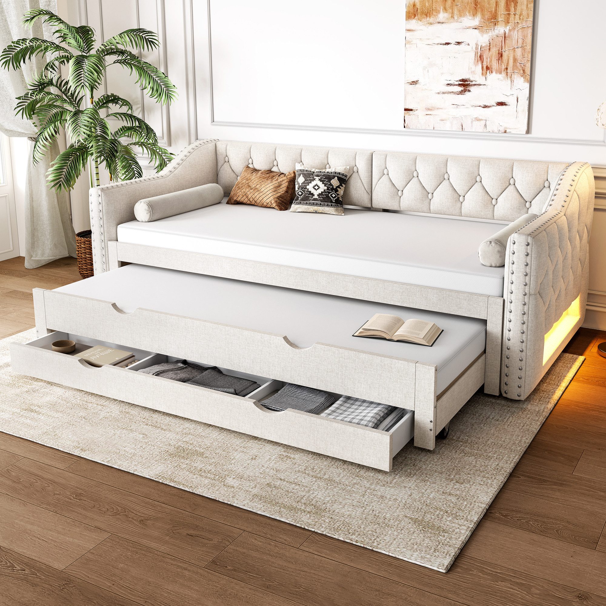 Schlafsofa 90x200 mit Ausziehbett&Schubladen,Tagesbett Daybett mit LED-Licht