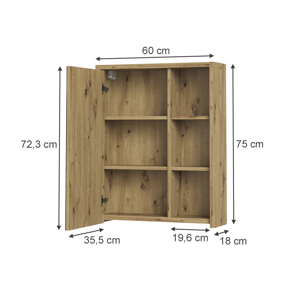 Vicco Badezimmerspiegelschrank Viola, Cashmere/Artisan-Eiche, 60 x 75 cm (1-St)