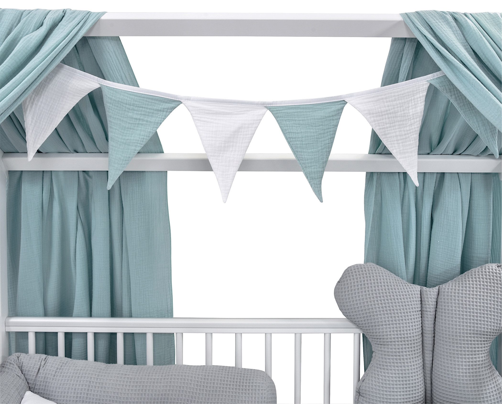 Baby-Delux Komplettbett Hausbett Babybett Komplettset Waffelpique Musselin, 12-tlg., Kinderbett 60x120 cm weiß, Bettset verschiedene Designs