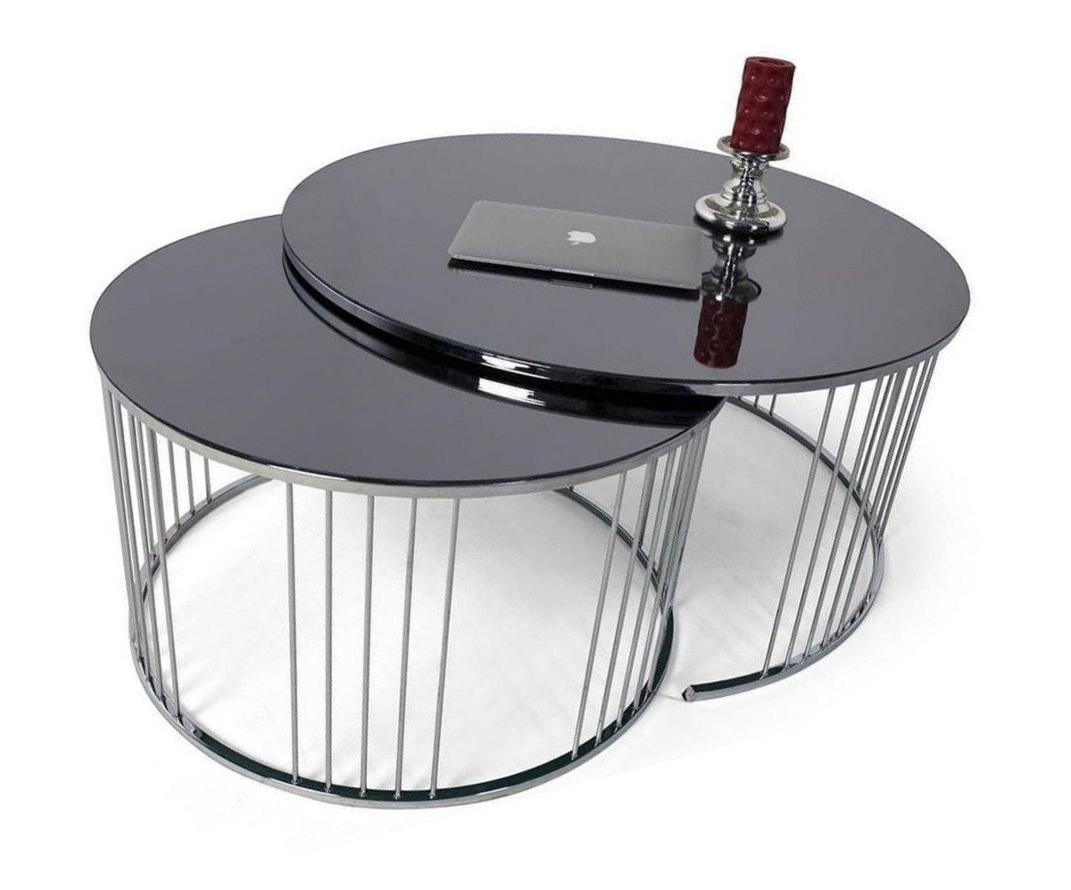 Casa Padrino Couchtisch Luxus Couchtisch Set Silber / Schwarz - 2 runde Wohnzimmertische mit Glasplatte - Möbel - Luxus Kollektion