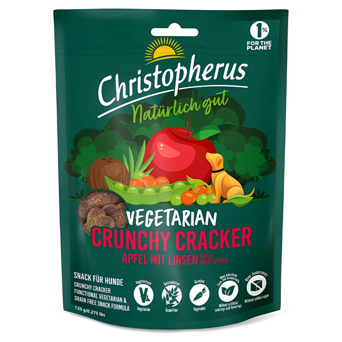 Christopherus Vegetarian Crunchy Cracker Apfel mit Linsen 125 g, Snack für: Hund