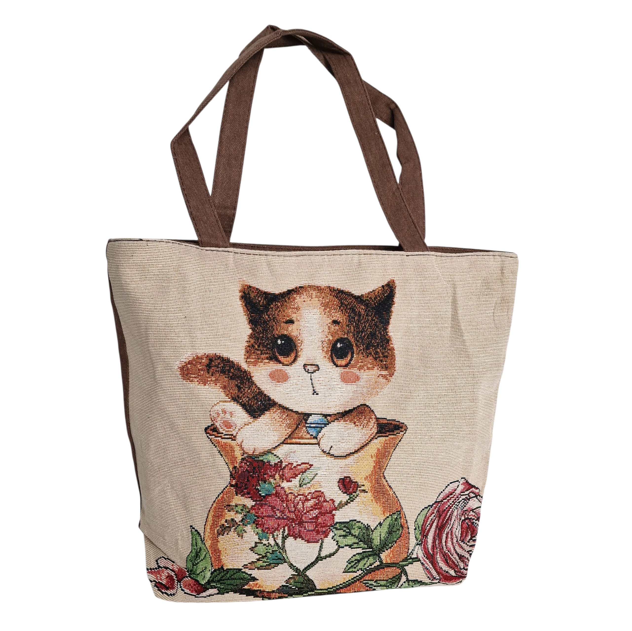 Dark-Desires Schultertasche Niedliche Jute Einkaufstasche Katze mit Reißverschluss