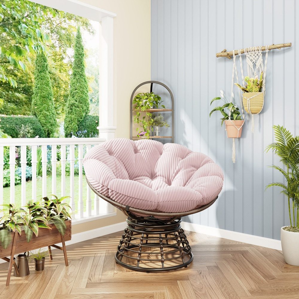 CHICFURN Loungesessel Papasan-Sessel in Rattan-Optik, 360° drehbar mit Polster (Packung, 1-St., Für Wohn-, Schlaf- und Lesezimmer sowie Innen- & Außenbereich), Braunes Gestell mit pinkem Polster