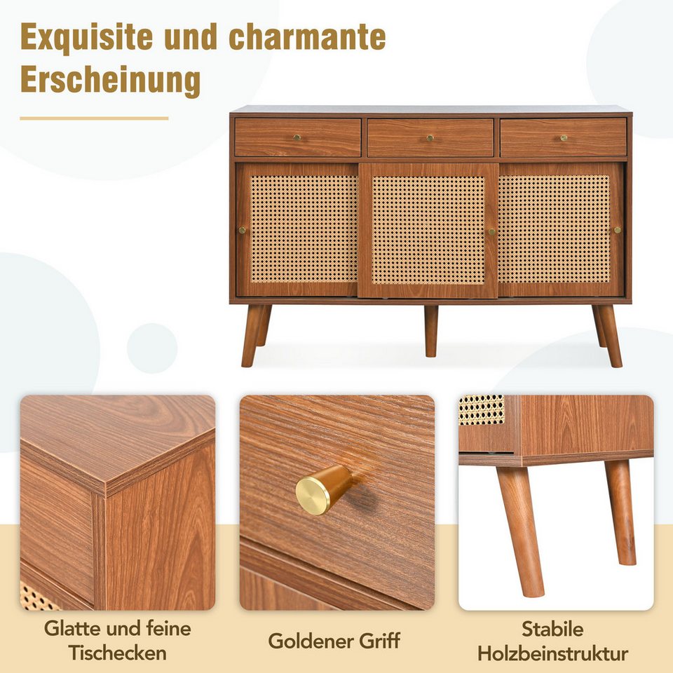 Celya Rattan Sideboard Kommode - 3 Schubladen & Türen Walnuss